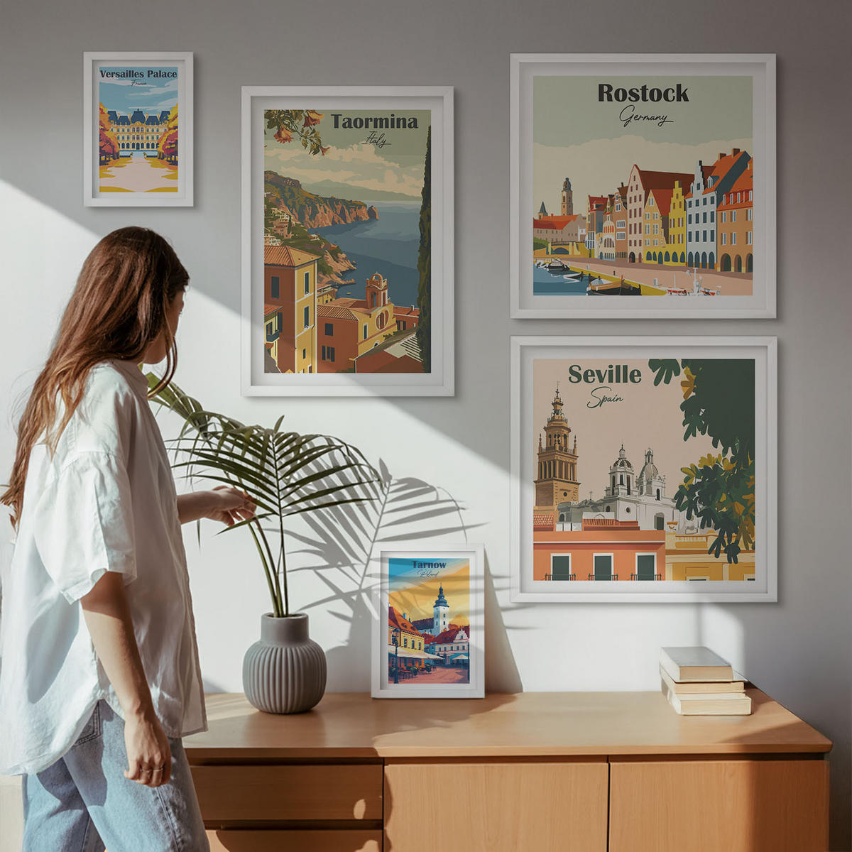 BILDER SET 5er Set - 50x50 cm & 20x30 cm & 40x60 cm Weißer Rahmen - Retro-Stadtgrafiken - Weiß, Kunststoff (40/60cm) - TULUP