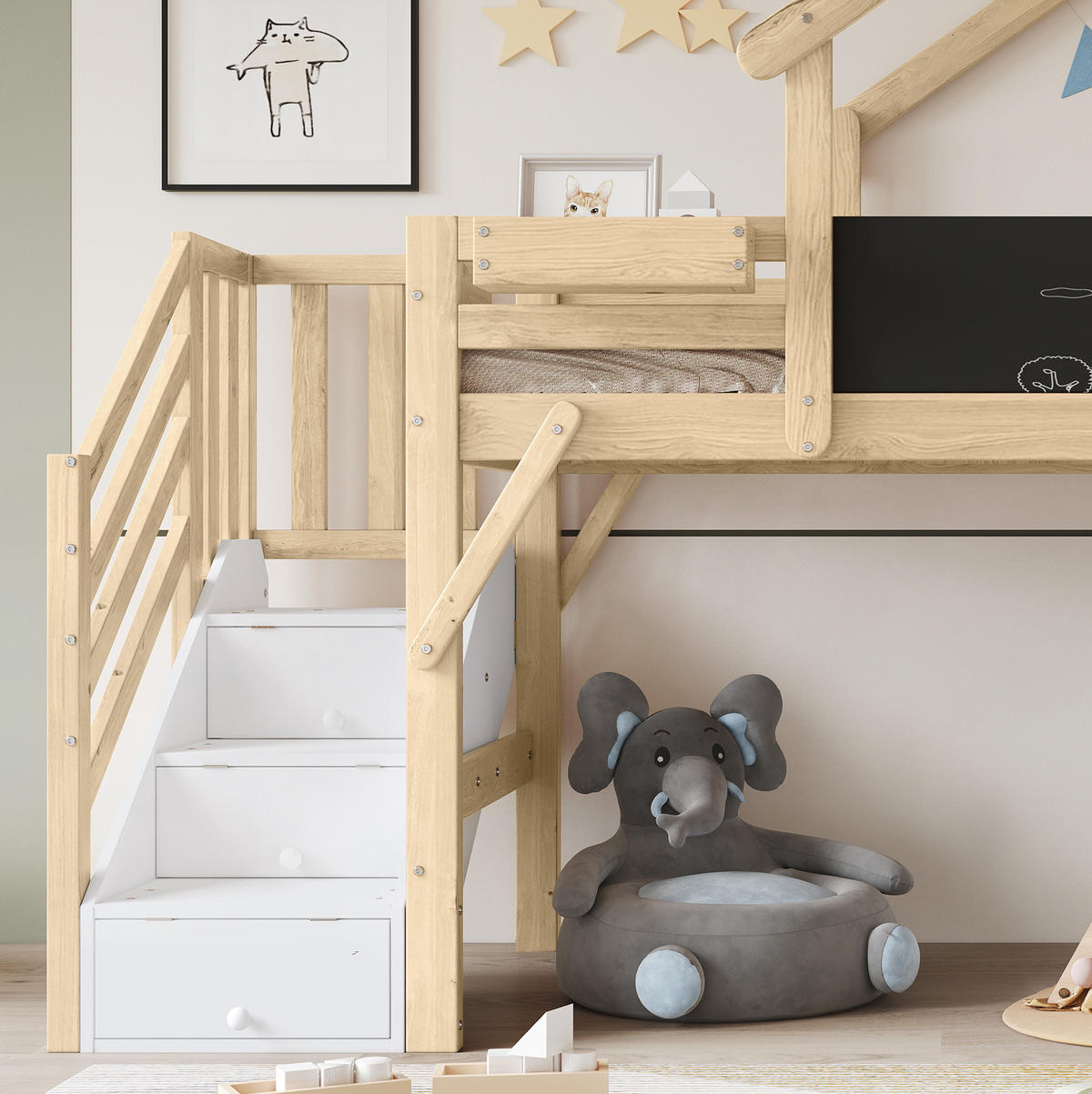 HAUSBETT 90/200 cm Weiß/Natur mit Stauraumtreppe und Tafel - Weiß, Holzwerkstoff (90/200cm) - Flora Grace