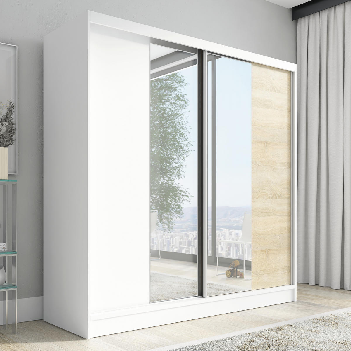 SCHWEBETÜRENSCHRANK 200 CM DUO Farbe: Weiß |weiß|sonoma - Weiß/Braun, Holzwerkstoff (200/215/60cm) - A&J MöbelLand