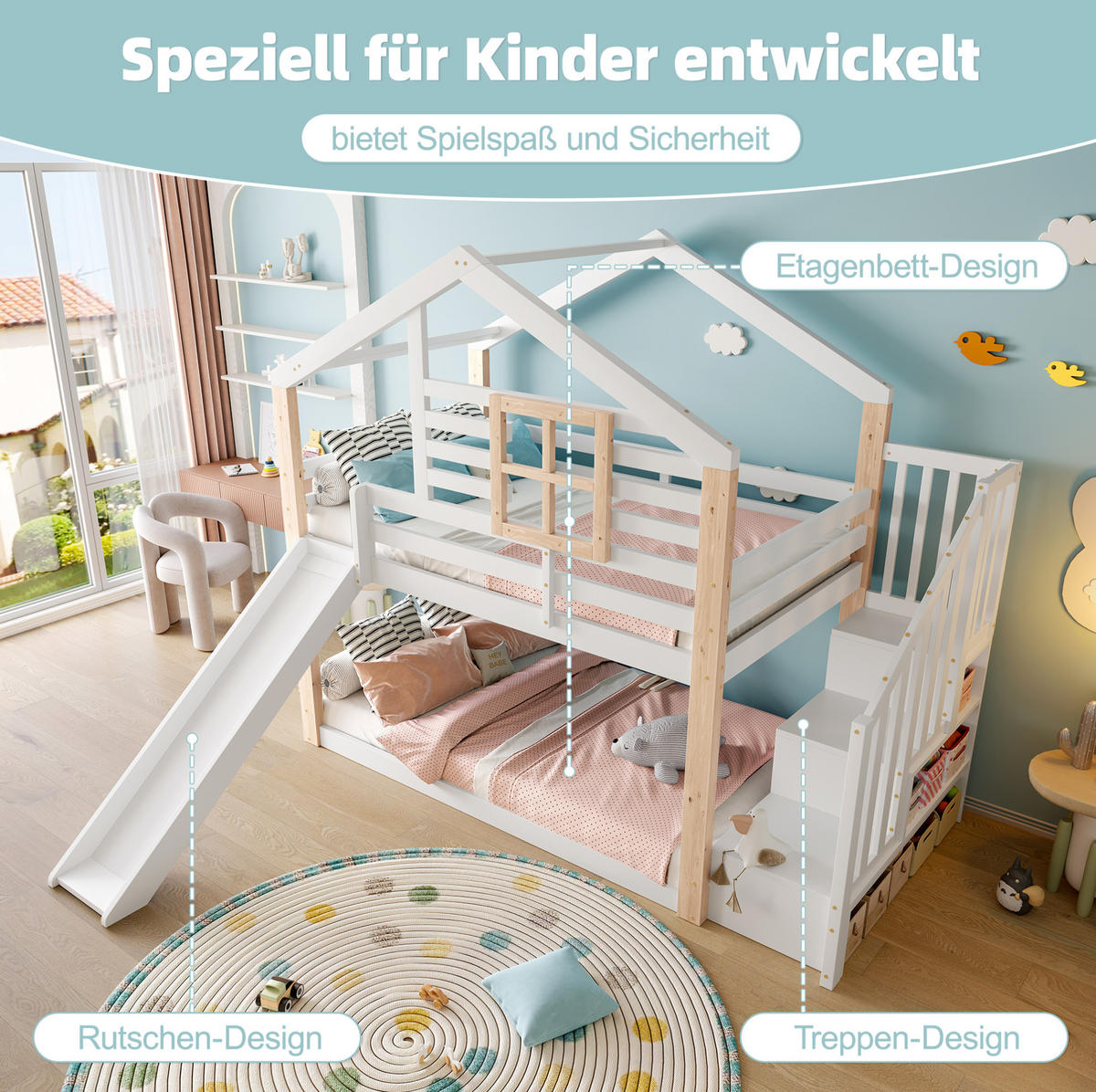 ETAGENBETT mit Rutsche und Stauraum 90x200 cm Holz Weiß - Weiß, Holzwerkstoff (90/200cm) - Beauniv