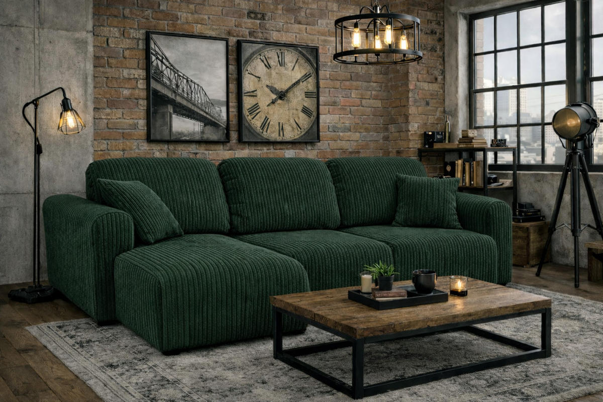 ECKSOFA Mit Schlaffunktion Und Bettkasten, Sofa L-Form Bingo L, Cordstoff Poso, Grün, Links - Grün, Holz (250/142cm) - Kaiser Möbel