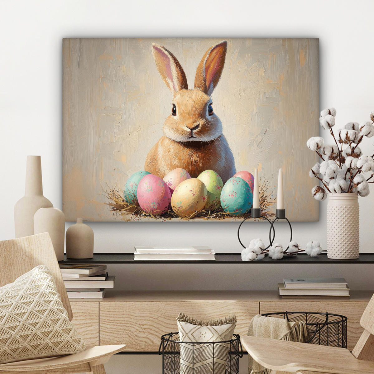 LEINWANDBILD Osterhase - Pastell - Eier Wandbilder 80x60 cm - Beige, Textil (80/60cm) - MuchoWow