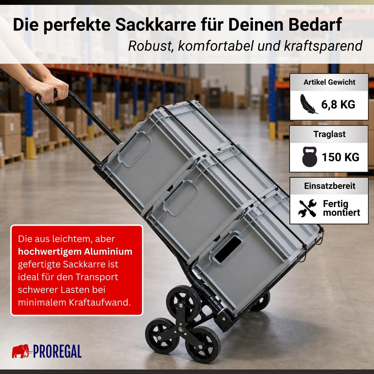 TREPPENSTEIGER Sackkarre Elephant klappbar 112x49x58cm Traglast 150kg AluminiumrahmenTRR Fachgummiräder Silber - Schwarz, Metall (58/49/112cm) - PROREGAL