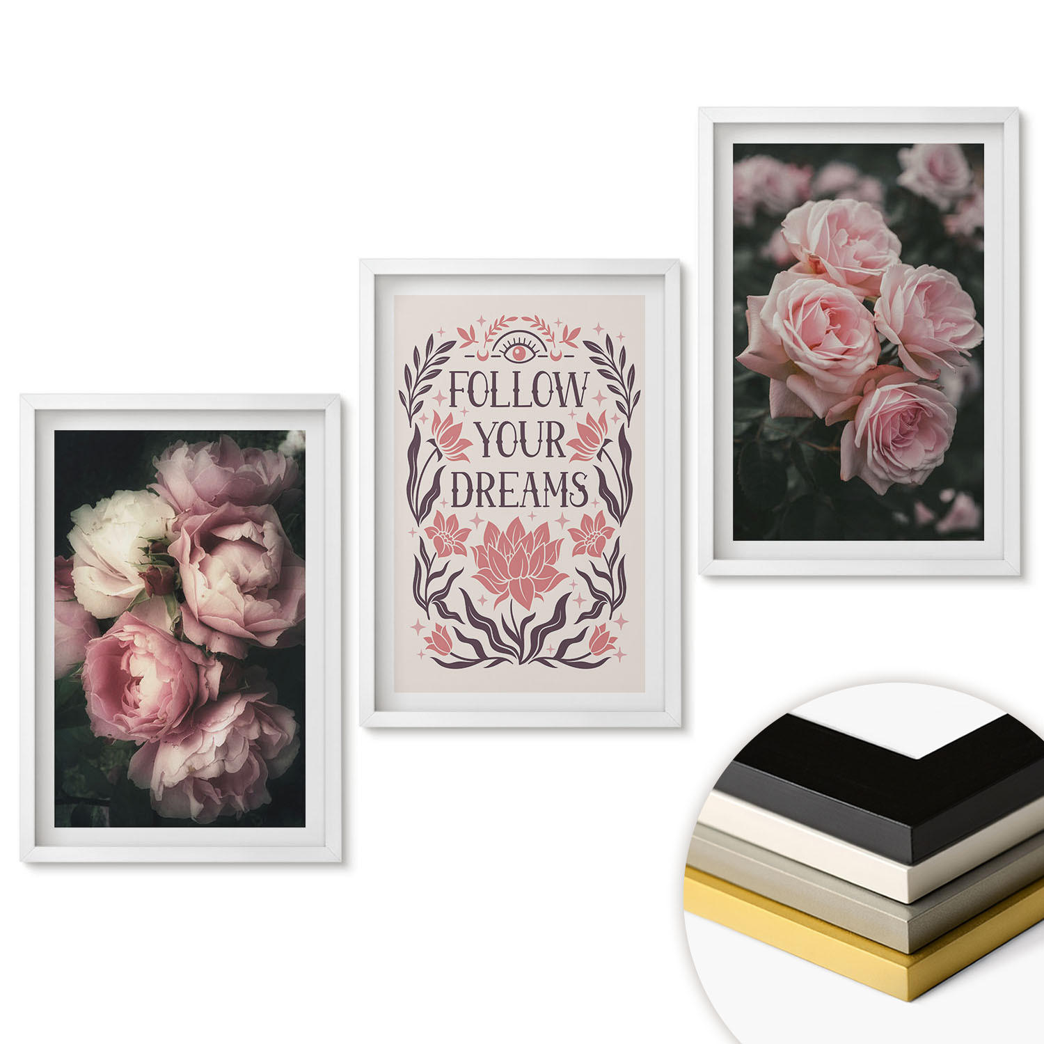WANDBILDER 3er-Set - 40x60 cm Weißer Rahmen - Vintage-Rosenträume-Inschrift - Weiß, Kunststoff (40/60cm) - ArtPrintCave