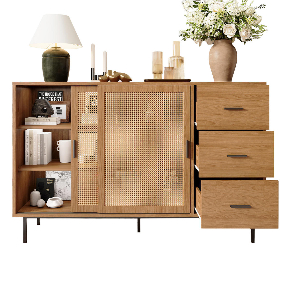 SIDEBOARD aus Spanplatte 140x37x91 cm Natur mit Rattan-Schiebetüren und 3 Schubladen - Naturfarben, Holzwerkstoff (140/91/37cm) - IVMEU