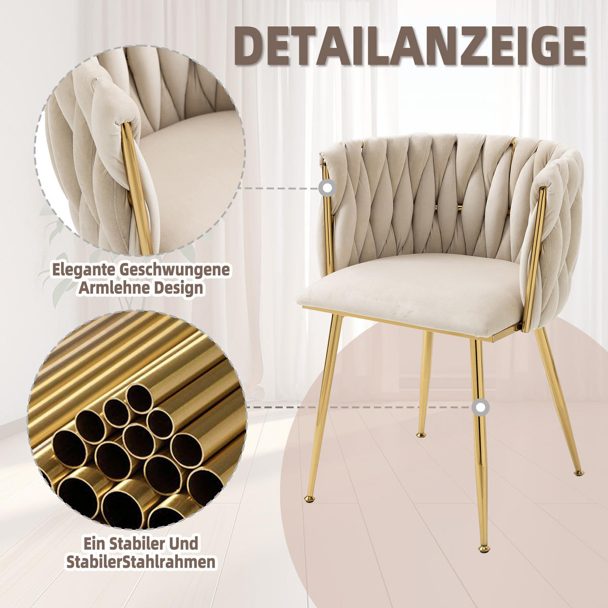 ESSZIMMERSTÜHLE 2er Set Samtbezug mit Metallrahmen - Beige/Goldfarben, Textil/Metall (55.5/74/50cm) - LVHOM