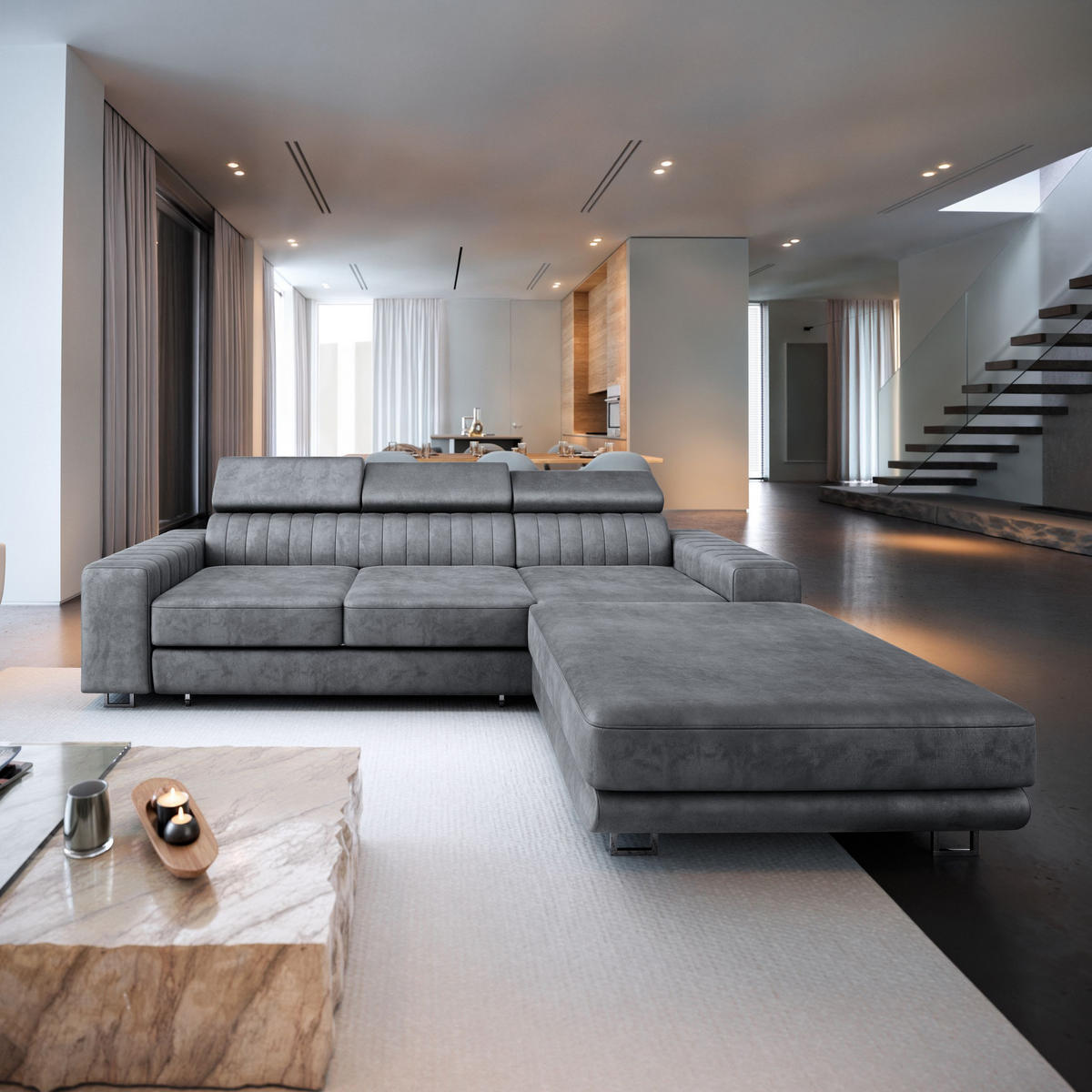 ECKSOFA NOTO R-S Grau Velours-Stoff mit Schlaffunktion - Grau, Holz (267/190cm) - MASSENO