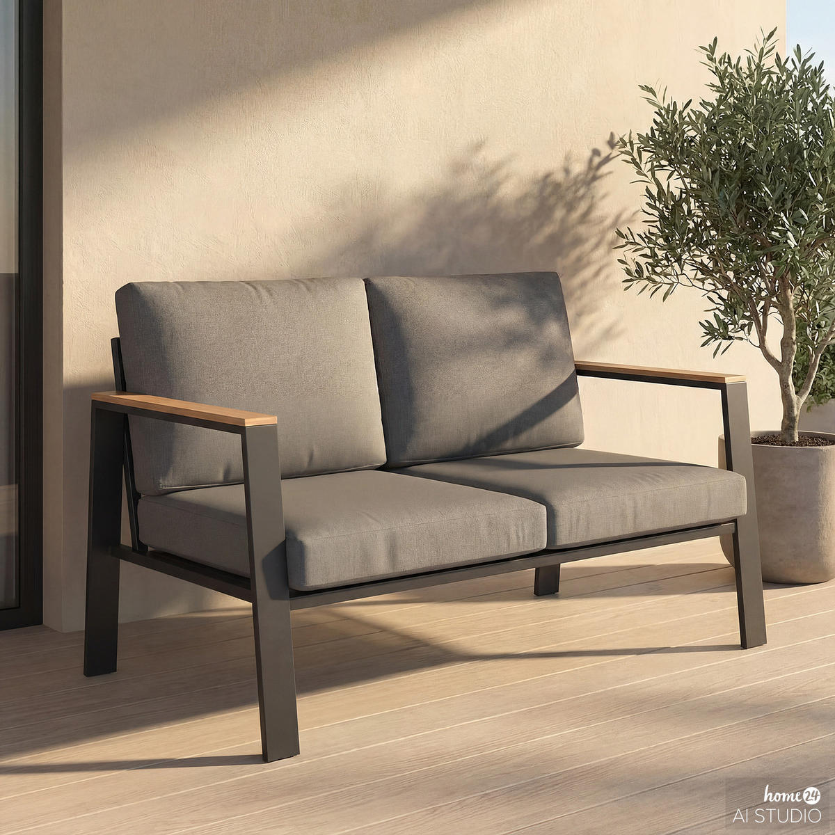 2-SITZER LOUNGESOFA - Aluminium / Polyester - Anthrazit - Anthrazit/Braun, Holz/Textil (132/74/75cm) - home24