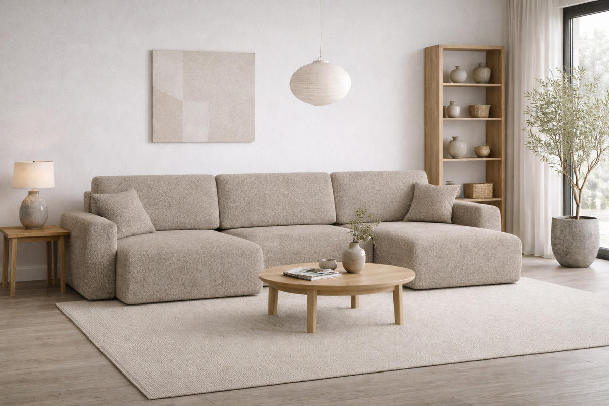 ECKSOFA Mit Schlaffunktion Und Bettkasten U-Form Ariel U, Chenille-Stoff Artico, Beige - Beige, Holz (342/142cm) - Kaiser Möbel