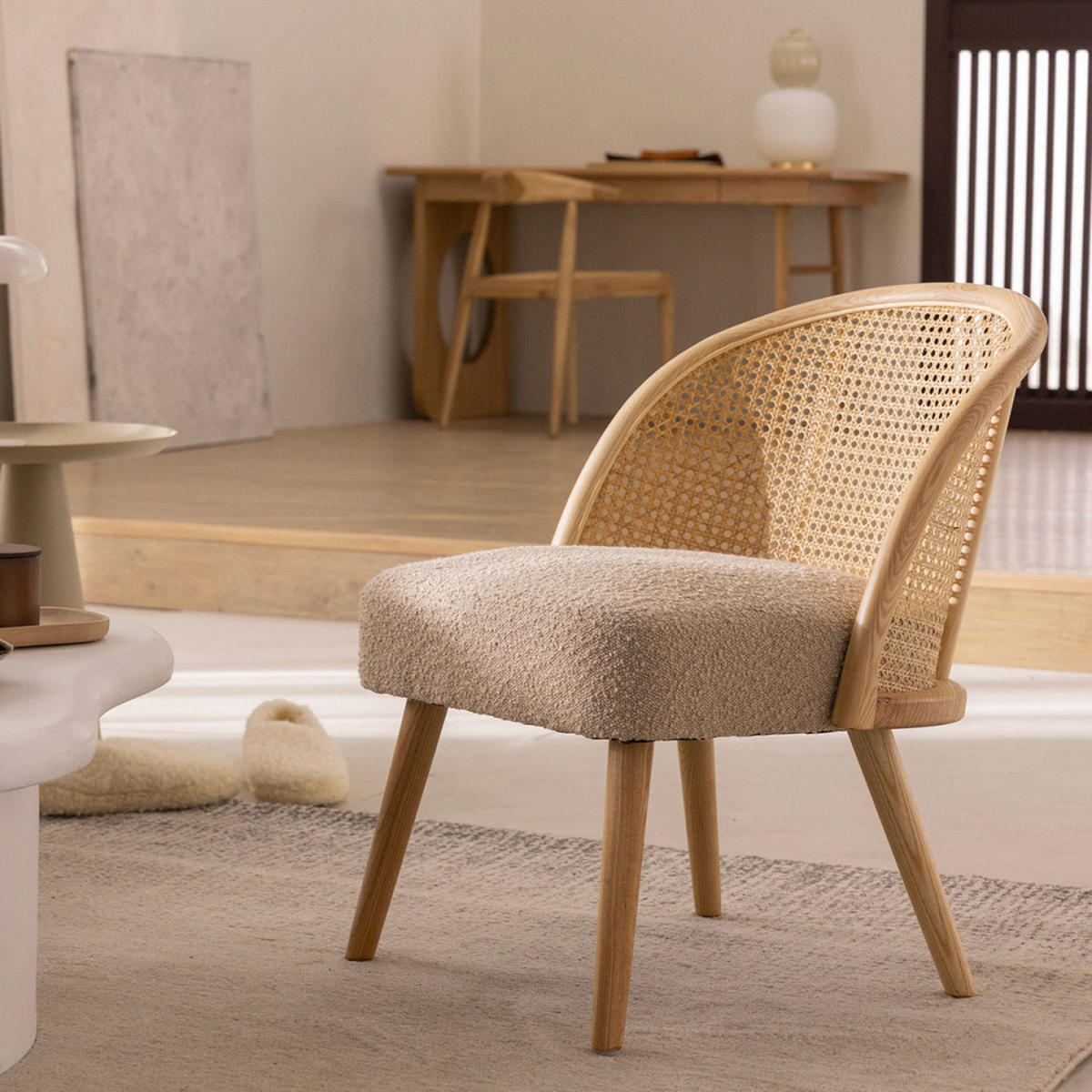 SESSEL aus Bouclé-Stoff und Rattan - CANDICE - color_mole - Graubraun, Textil (61/69/54cm) - Drawer