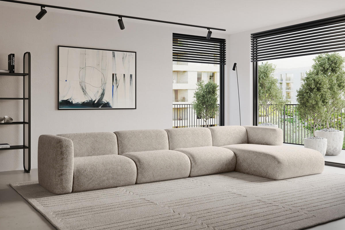 ECKSOFA Ottomane Rechts MIRA-L3 409x179x70 Beige Velours - Beige/Schwarz, Holzwerkstoff/Kunststoff (409/179cm) - ALTDECOR