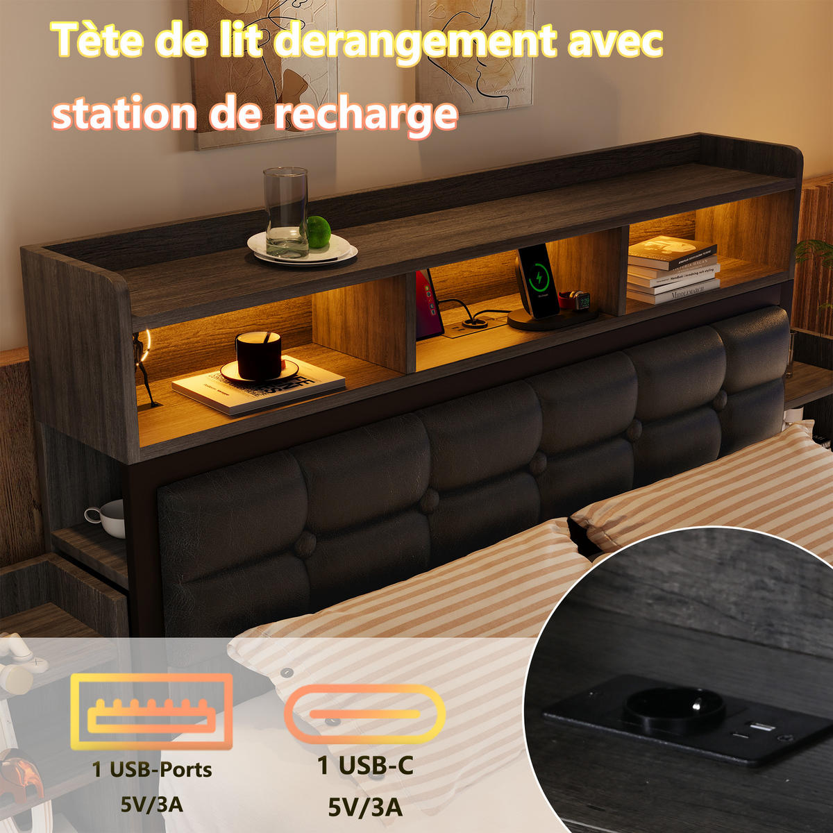 BETT 140/190 cm DE-35525 mit LED und ausziehbaren Nachttischen Grau - Grau, Metall (140/190cm) - ComfortXL