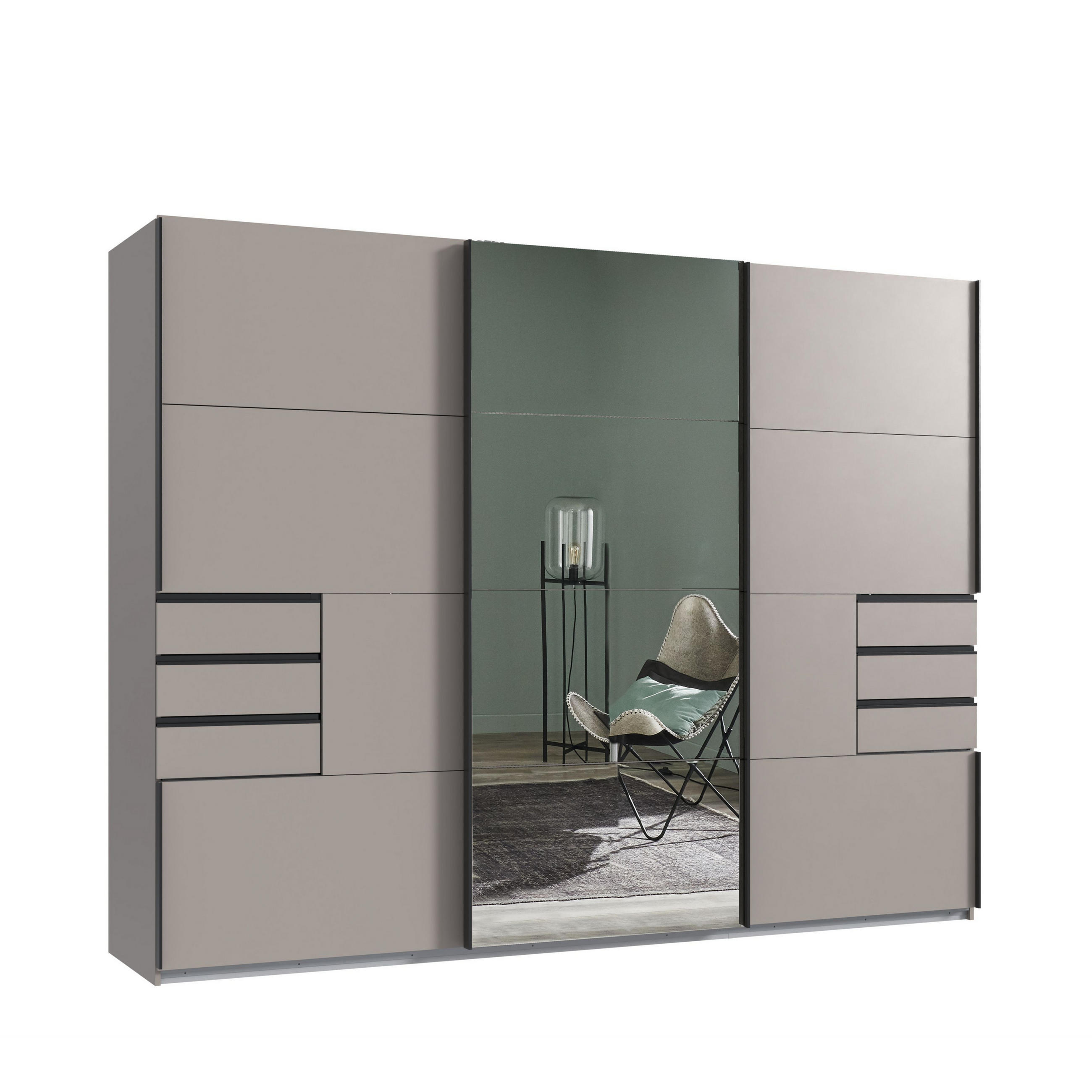 SCHWEBETÜRENSCHRANK 3-türig B270/H208/64 cm, Sandgrau, eine Spiegeltür, Kleiderschrank mit Schubladen & Vollausstattung / 22615 - Graubraun/Anthrazit, Holzwerkstoff/Metall (270/208/64cm) - luma-home