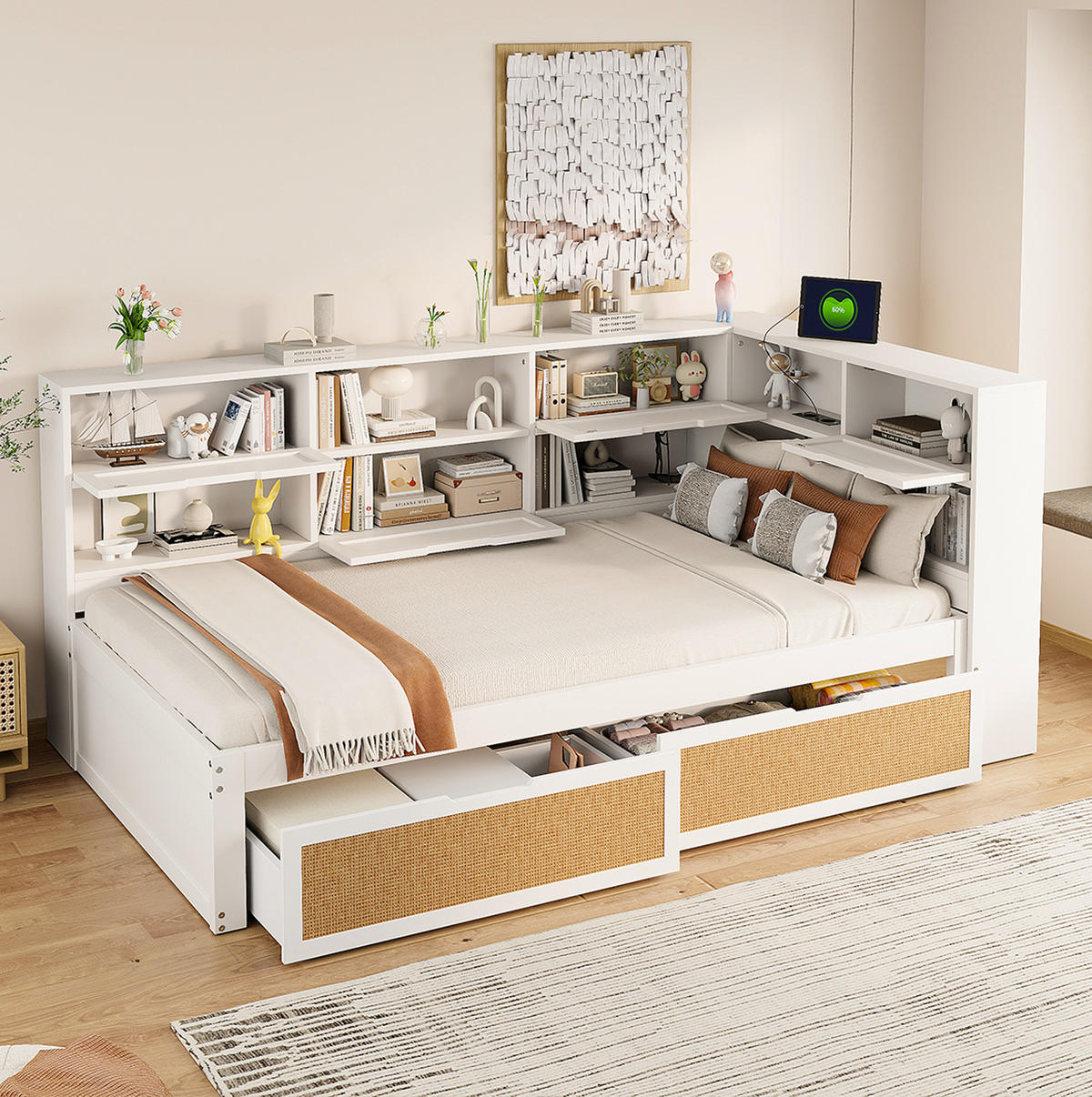 POLSTERBETT aus Holz 90x200 cm in Weiß mit USB-Anschluss & Schubladen - Weiß, Holz (90/200cm) - Modfu
