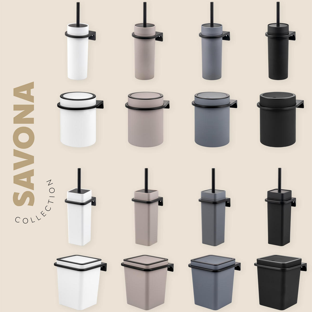 WC-GARNITUR 2-TLG. Bürste u. Eimer SAVONA Softtouch inkl. Wandhalterung, eckig - taupe - Taupe, Kunststoff (18/25/21cm) - bremermann