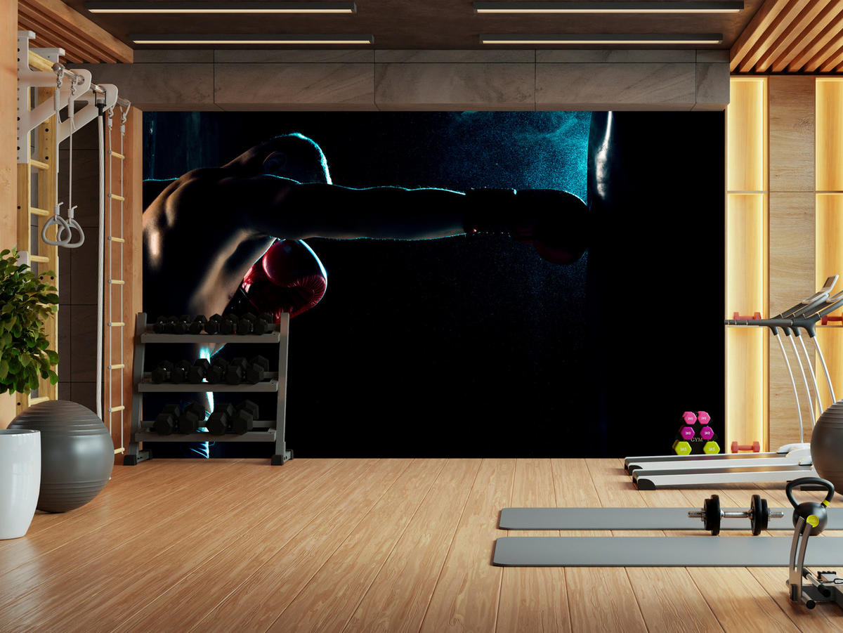 FOTOTAPETE für Jugendzimmer Muskelboxer Training Handschuhe Action 400x280 - Schwarz/Grau, Papier (400/280cm) - Muralo