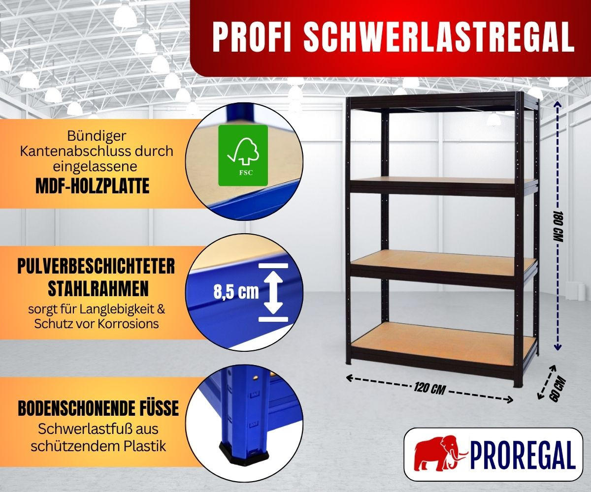 SCHWERLASTREGAL Dino 180x120x60 cm Fachlast 600 kg Schwarz - Schwarz, Metall (120/180/60cm) - PROREGAL