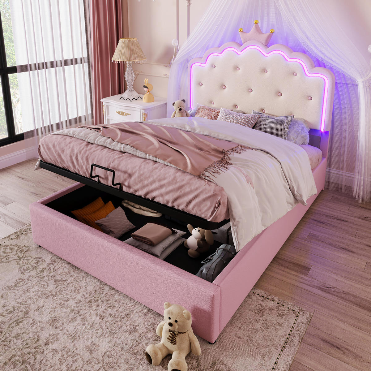 POLSTERBETT 140/200 cm aus PU mit LED-Licht und Stauraum, Rosa - Pink, Kunststoff (140/200cm) - OKMYHOME