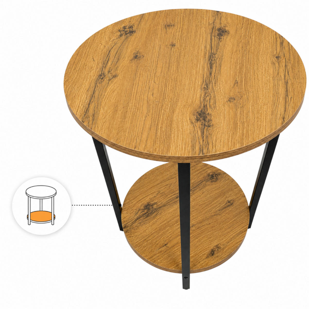 BEISTELLTISCH MDF Metall Eiche Schwarz rund 45 x 45 x 62 cm mit Ablage - Eichefarben/Schwarz, Holzwerkstoff/Metall (45/45/62cm) - Begryf