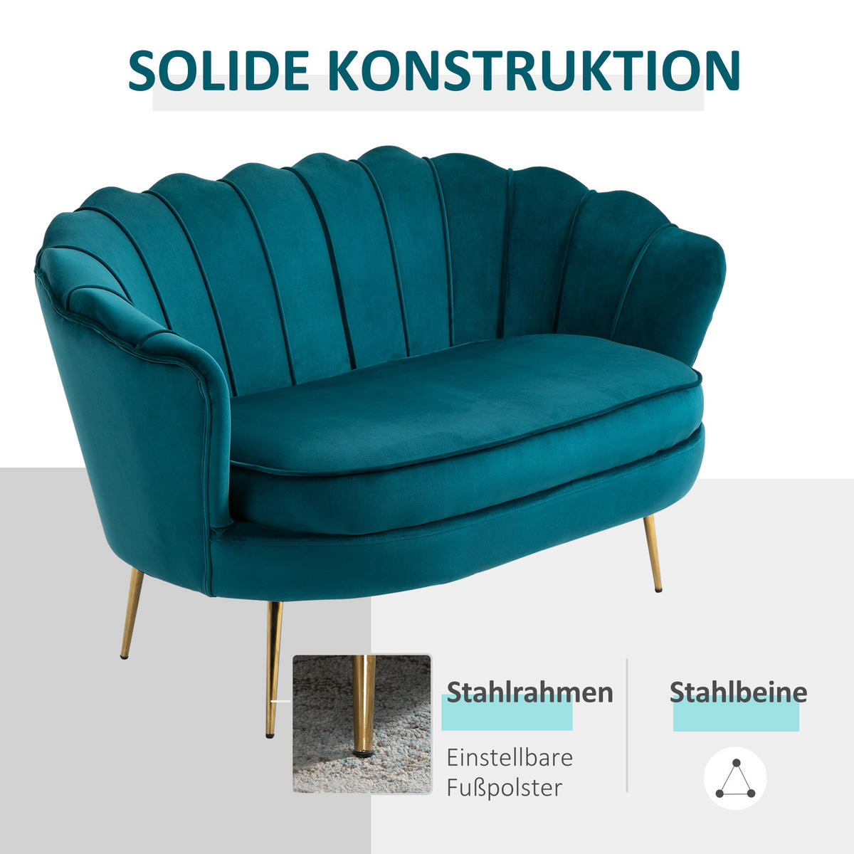 SOFA 2 Sitzer Couch mit Armlehne Dick Gepolstert Polstersofa mit Samtoptik Grün - Dunkelgrün/Goldfarben, Textil/Metall (77/77/130cm) - HOMCOM