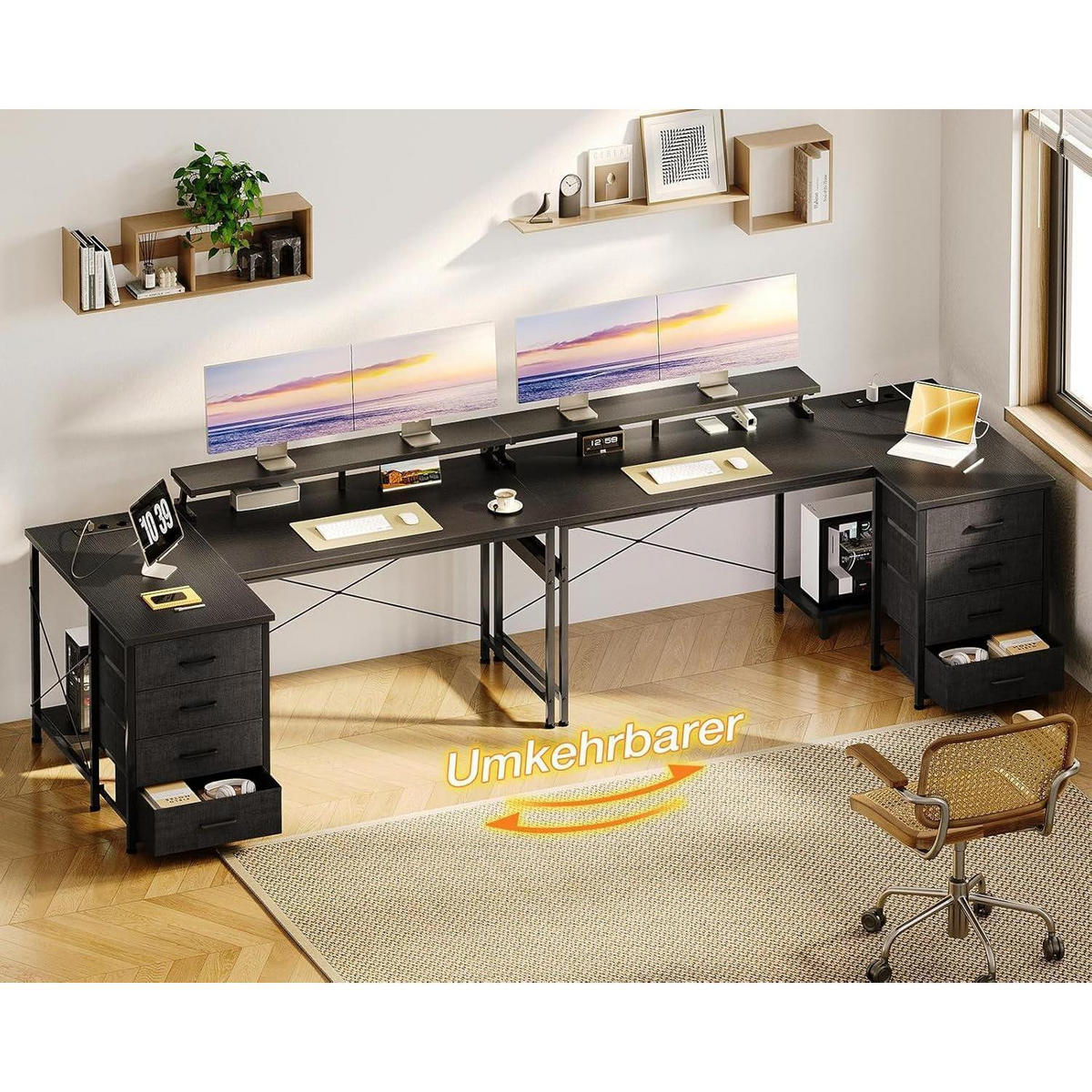 SCHREIBTISCH L Form mit Schubladen 140 x 80 cm Schwarz - Schwarz, Holzwerkstoff (140/80/87cm)