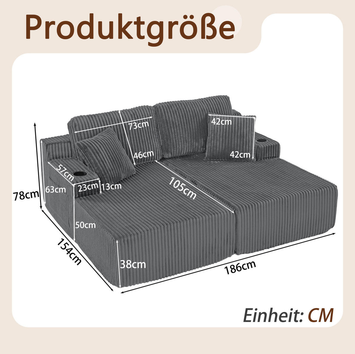 SCHLAFSOFA aus Kordstoff und Schaumstoff Grau mit Getränkehalter, Seitentasche und abnehmbaren Kissen - Grau, Kunststoff (186/78/154cm) - Modfu