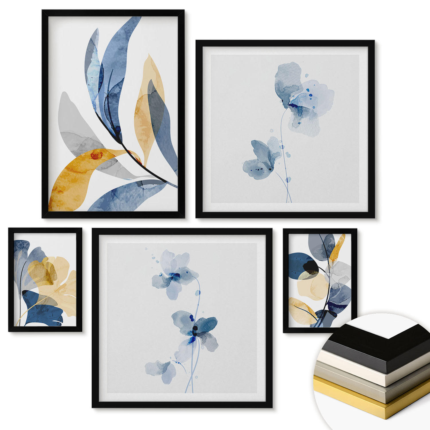 WANDBILDER 5er-Set - 50x50 cm & 20x30 cm & 40x60 cm Schwarzer Rahmen - Aquarell-Pflanzenmotive - Schwarz, Kunststoff (40/60cm) - ArtPrintCave