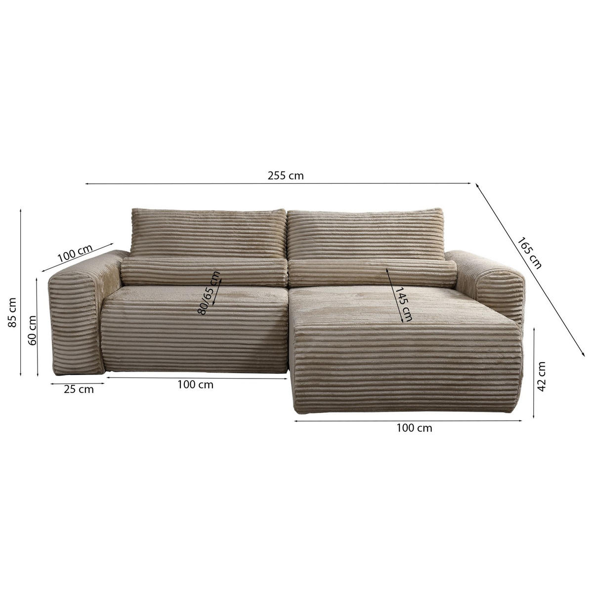 ECKSOFA Leo grau beidseitig montierbar - Schwarz/Grau, Kunststoff/Textil (255/85cm) - Selsey