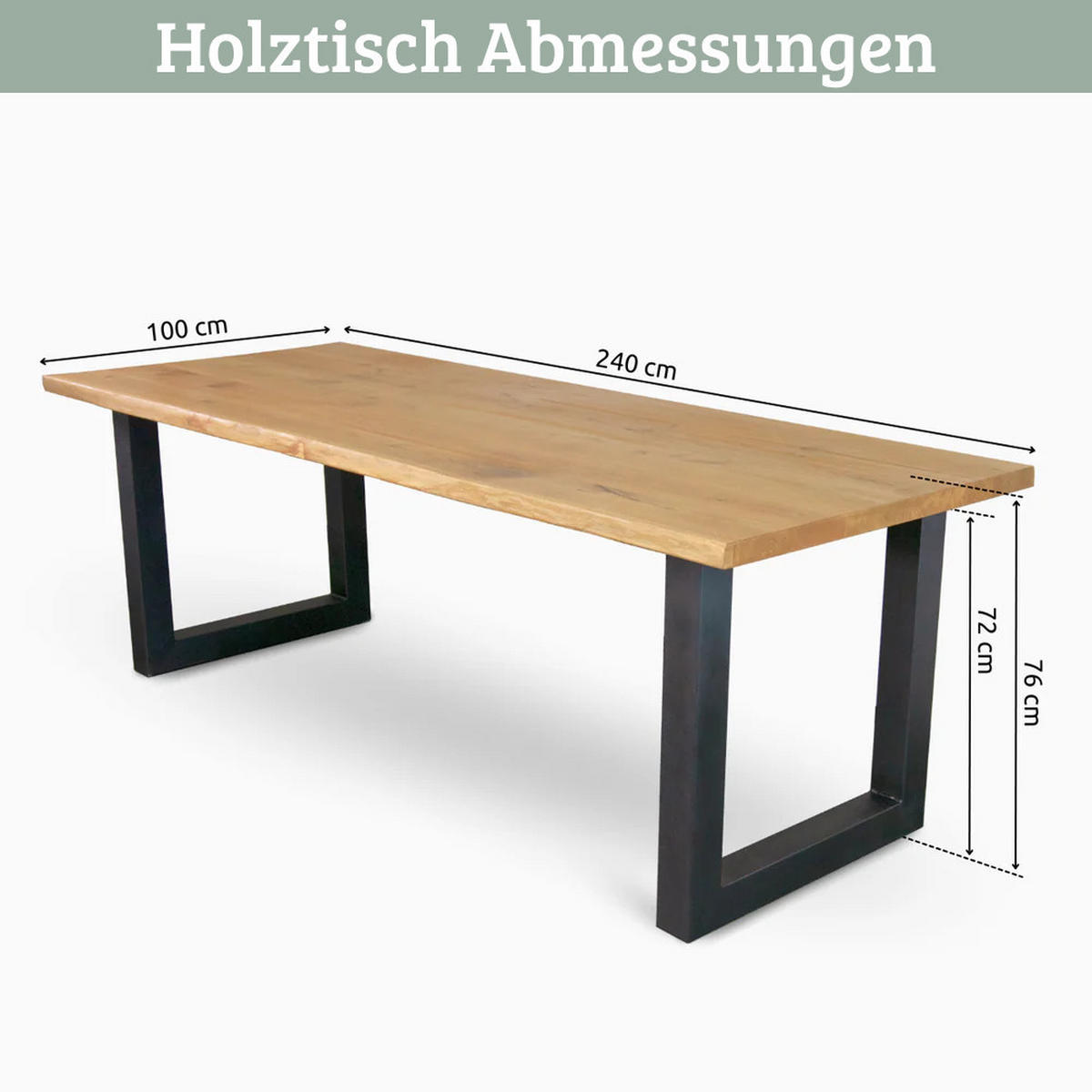 ESSTISCH Massivholz mit Baumkante RAGNAR 240x100 cm Eichenholz U-Tie Gestell - Braun, Holz/Metall (100/240/76cm) - DELUKE