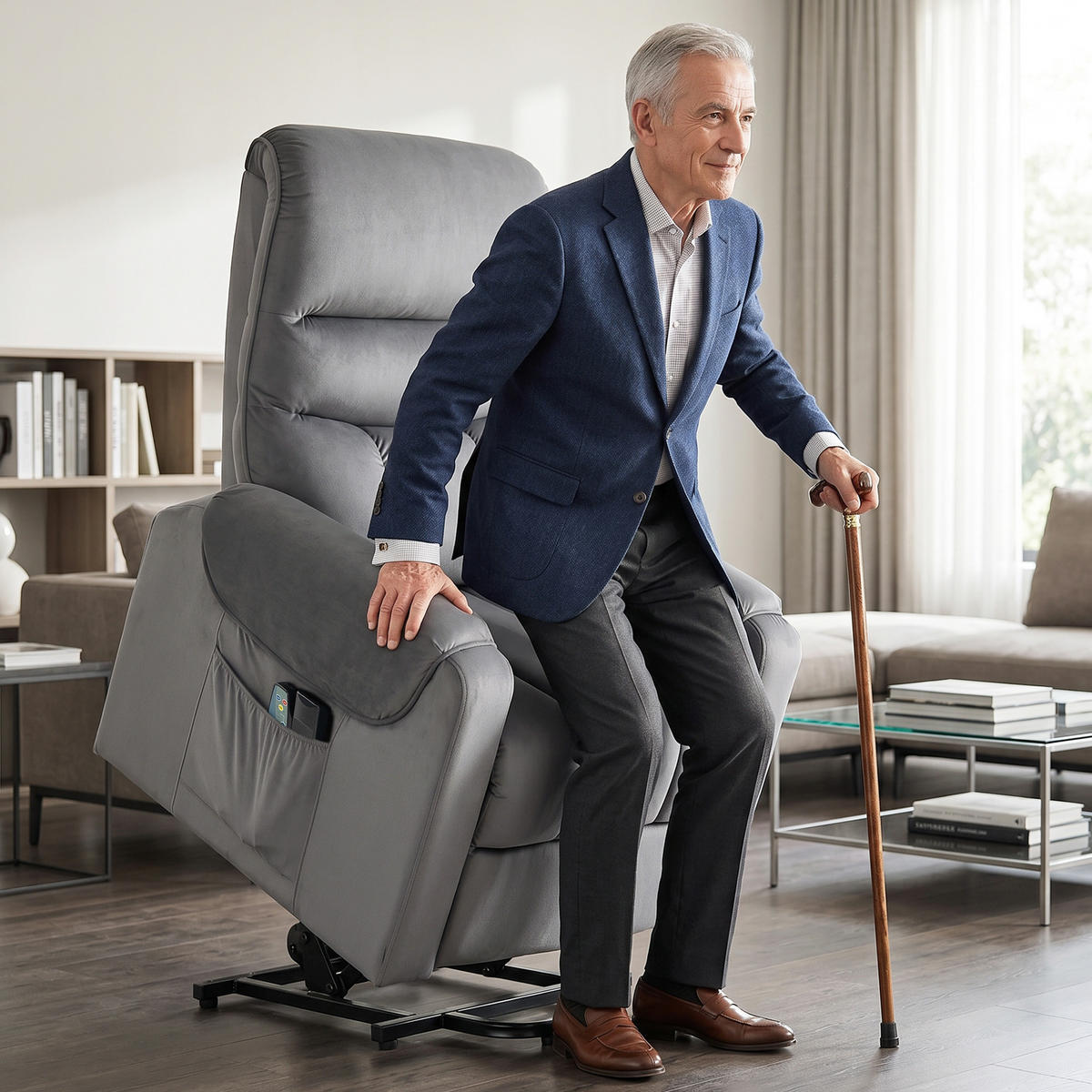 AUFSTEHSESSEL,ELEKTRISCH Massage Vibration Wärme Samt,dunkelgrau - Grau, Textil (79/103/97cm) - Vallsero