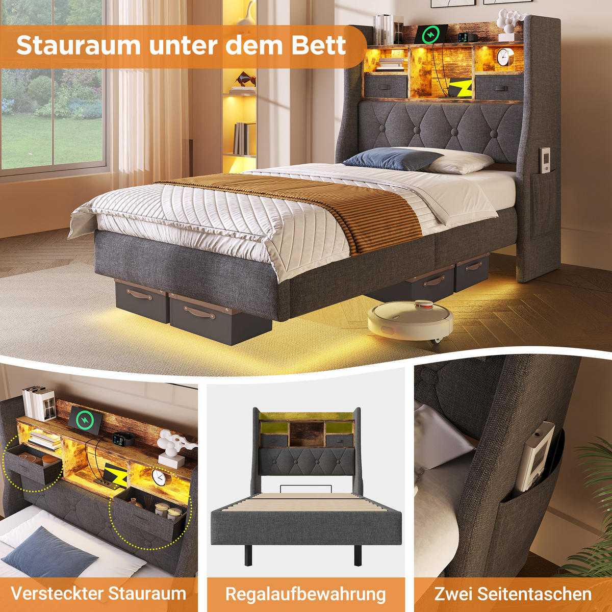 POLSTERBETT 140/200 cm mit LED-Beleuchtung, USB- und Type-C-Anschluss, Stauraum-Kopfteil und Matratze, Grau - Grau, Textil (140/200cm) - Redom