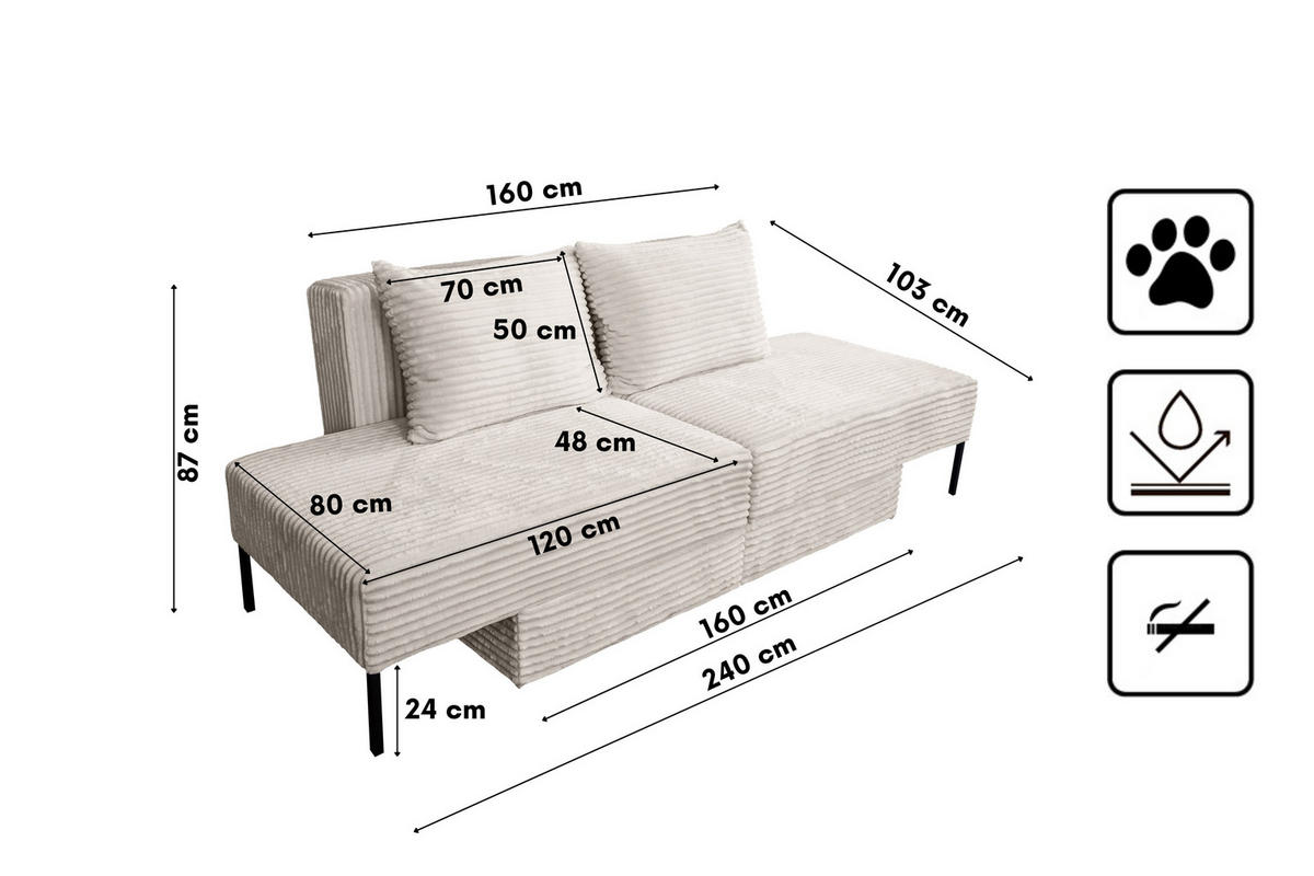 SOFA Mit Schlaffunktion MOOKA 4in1-Multifunktions-System Stoff Velo Ecru - Ecru, Holz/Textil (240/87/103cm) - Kaiser Möbel