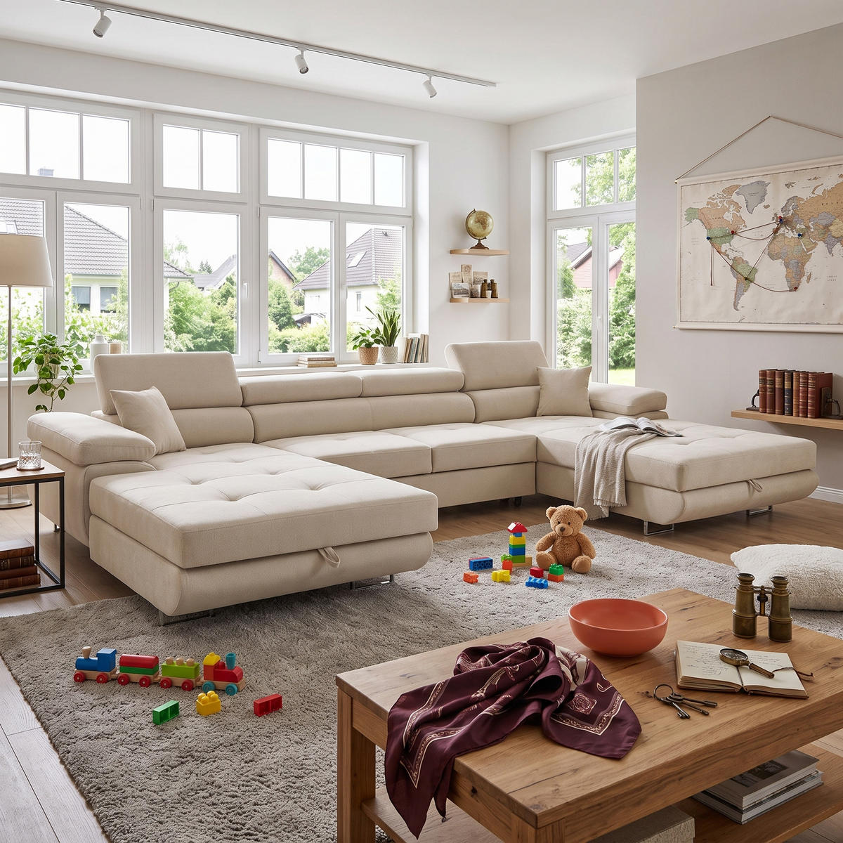 ECKSOFA U-Form ALONZO U mit Schlaffunktion 130x280 Velours Beige - Beige/Silberfarben, Holz/Textil (350/90/203cm) - Muffo