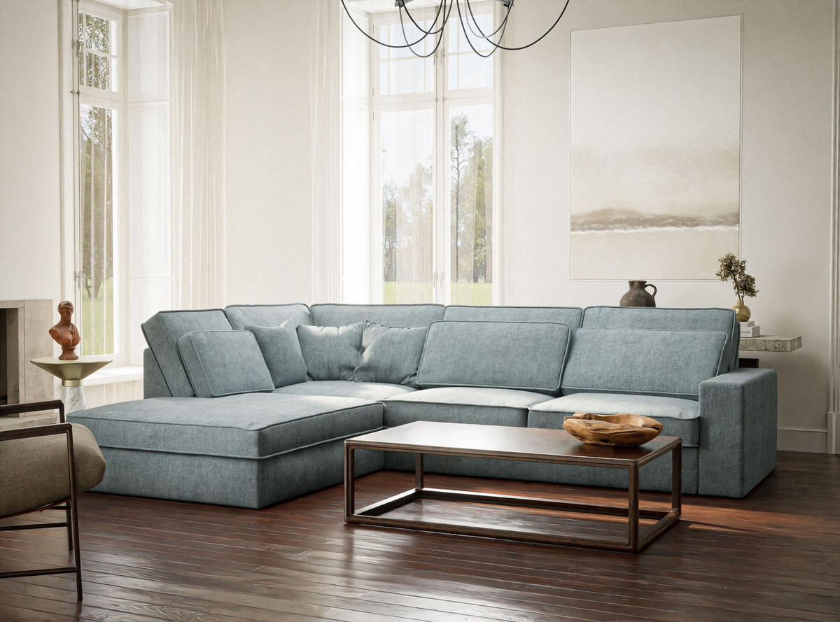 ECKSOFA Kirou Hellblau Chenille-Stoff - Links Seite - Schwarz/Hellblau, Holz/Holzwerkstoff (225/311cm) - Maison de Reve