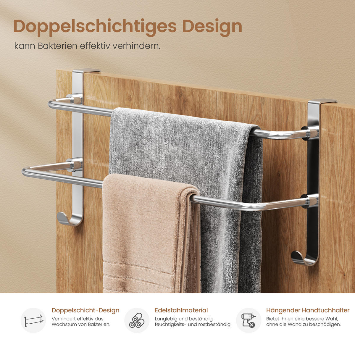 HANDTUCHHALTER Ohne Bohren Edelstahl Chrom 43,9/18,3/11,7 cm - Chromfarben, Metall (43.8/18.3/11.7cm) - EMKE