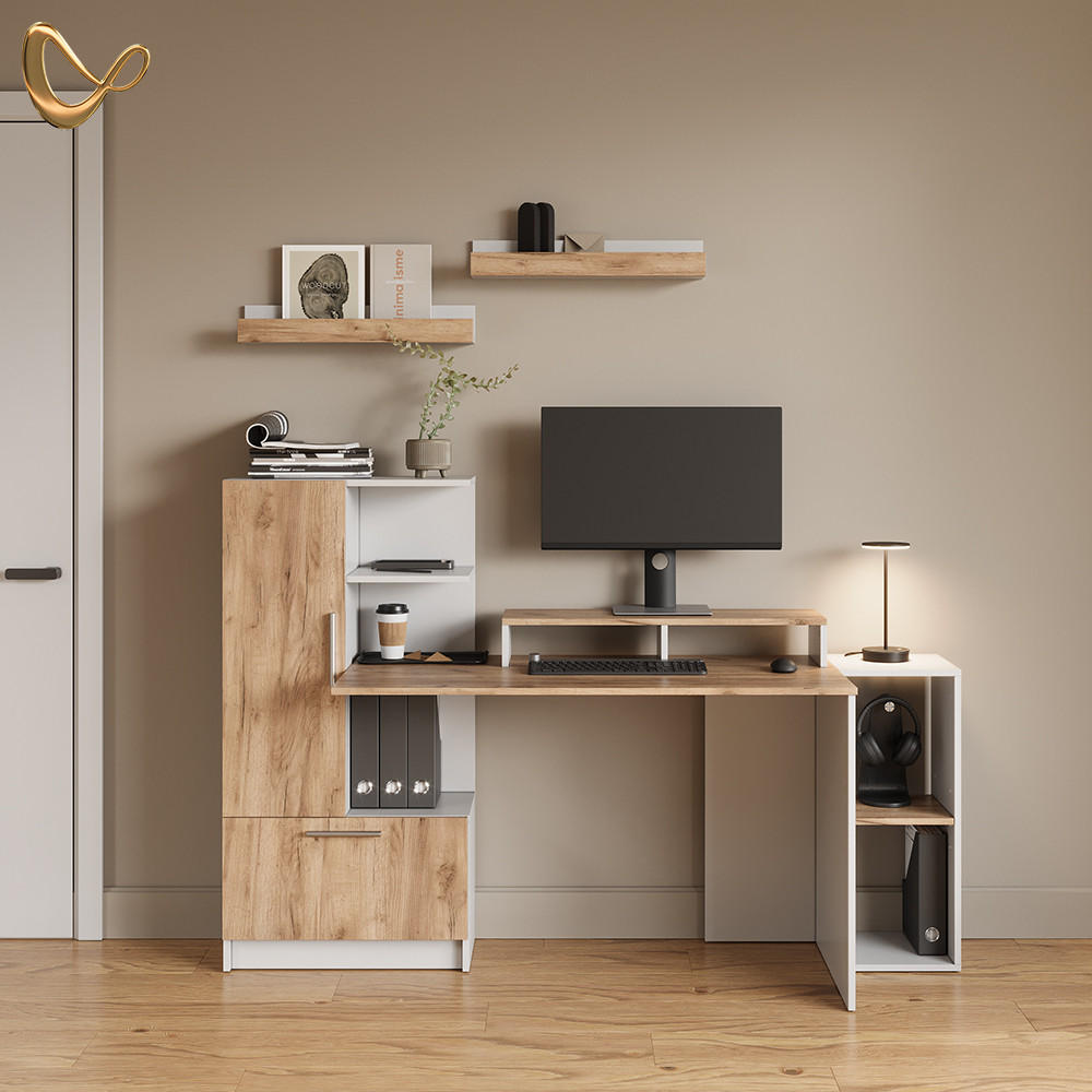 SCHREIBTISCH Lorena Weiß/Goldkraft Eiche 150 x 120.1 cm mit 2 Türen - Honigeiche/Weiß, Holzwerkstoff (59.3/150/120.1cm) - Livinity®