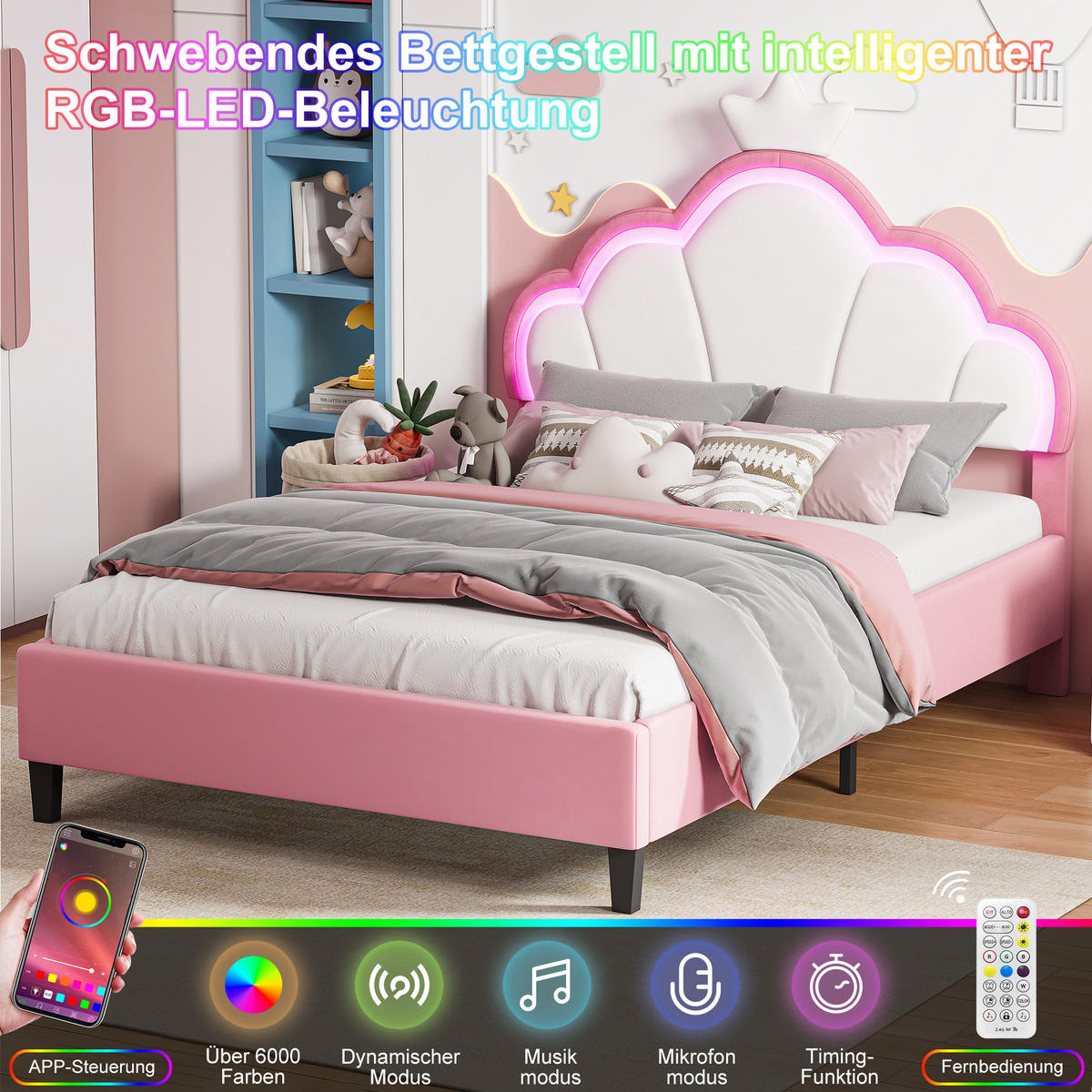 POLSTERBETT 140x190 cm mit höhenverstellbarem Kopfteil & RGB-LED – Doppelbett / Kinderbett für Mädchen, Samt, Rosa - Pink, Holz/Metall (140/190cm) - BursDany