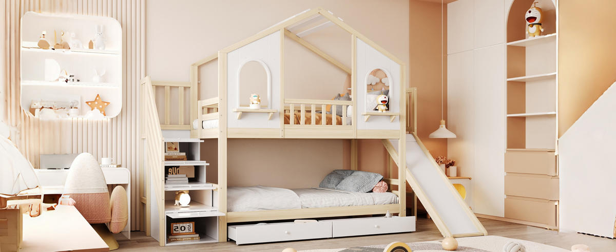 SPIELBETT 90/200 cm DE-01484, in Holzfarbe, mit Rutsche, Aufbewahrungsleiter und 2 Schubladen - Naturfarben, Holz (90/200cm) - ComfortXL