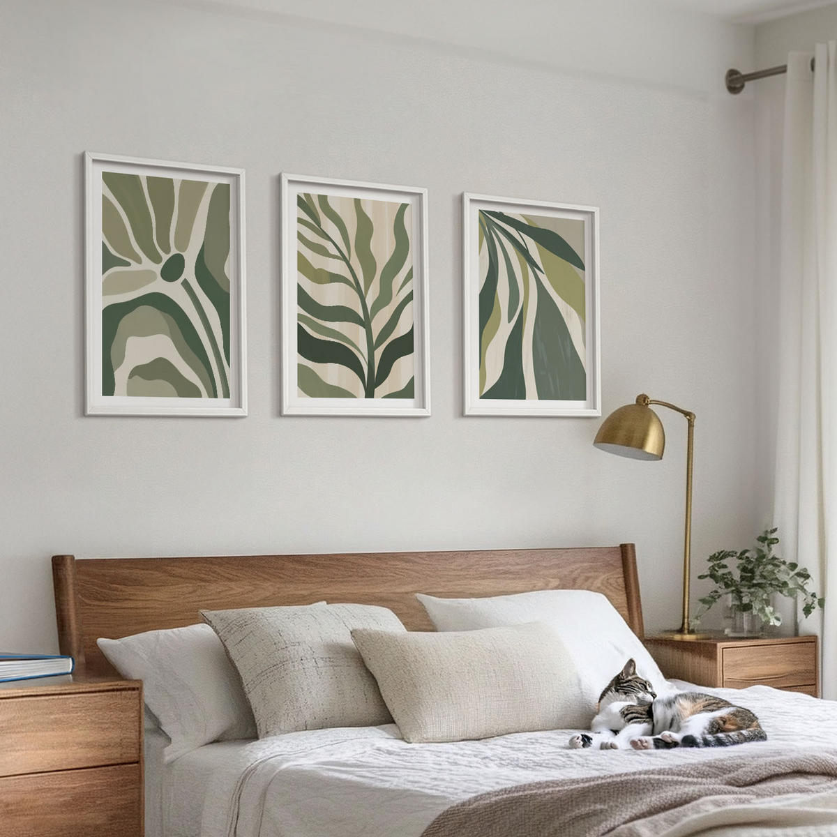 WANDBILDER 3er-Set - 40x60 cm Weißer Rahmen - Illustrationen gemalter grüner Blätter - Weiß, Kunststoff (40/60cm) - ArtPrintCave
