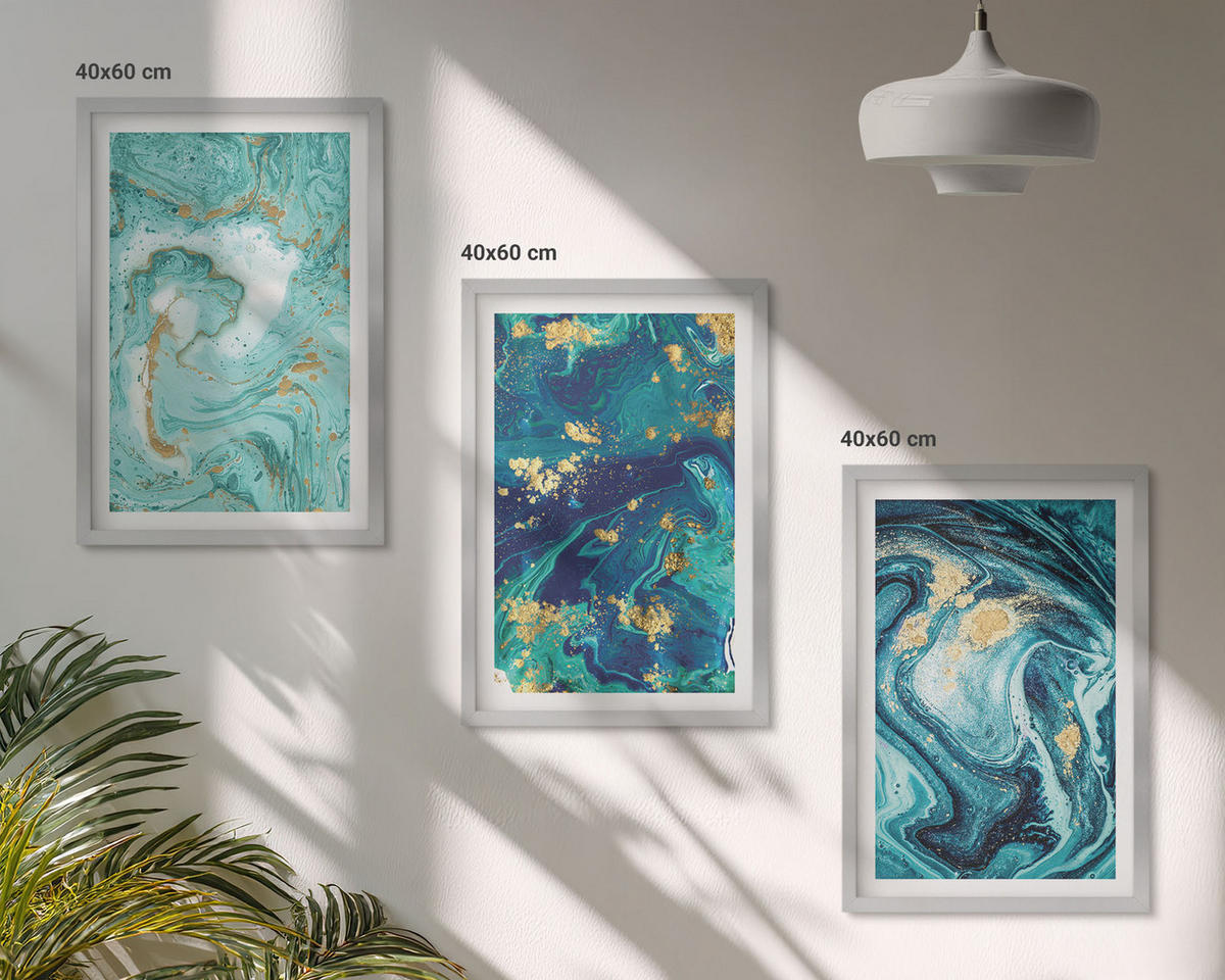 WANDBILDER 3er Set - 40x60 cm Silberner Rahmen - Abstraktion von Türkisfarbe - Silberfarben, Kunststoff (40/60cm) - ArtPrintCave