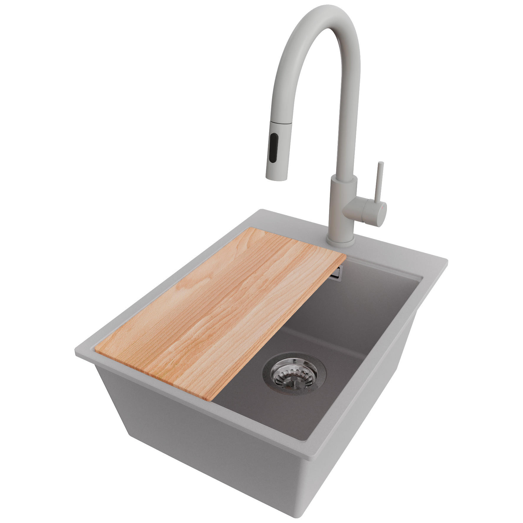 GRANITSPÜLE Oslo, 2-er set Grau 38/50 cm 1 Becken + Küchenarmatur 40/20 cm + Ablauf-Set + Schneidebrett ab 40er Unterschrank - Chromfarben/Beige, Kunststoff (38/20/50cm) - Primagran