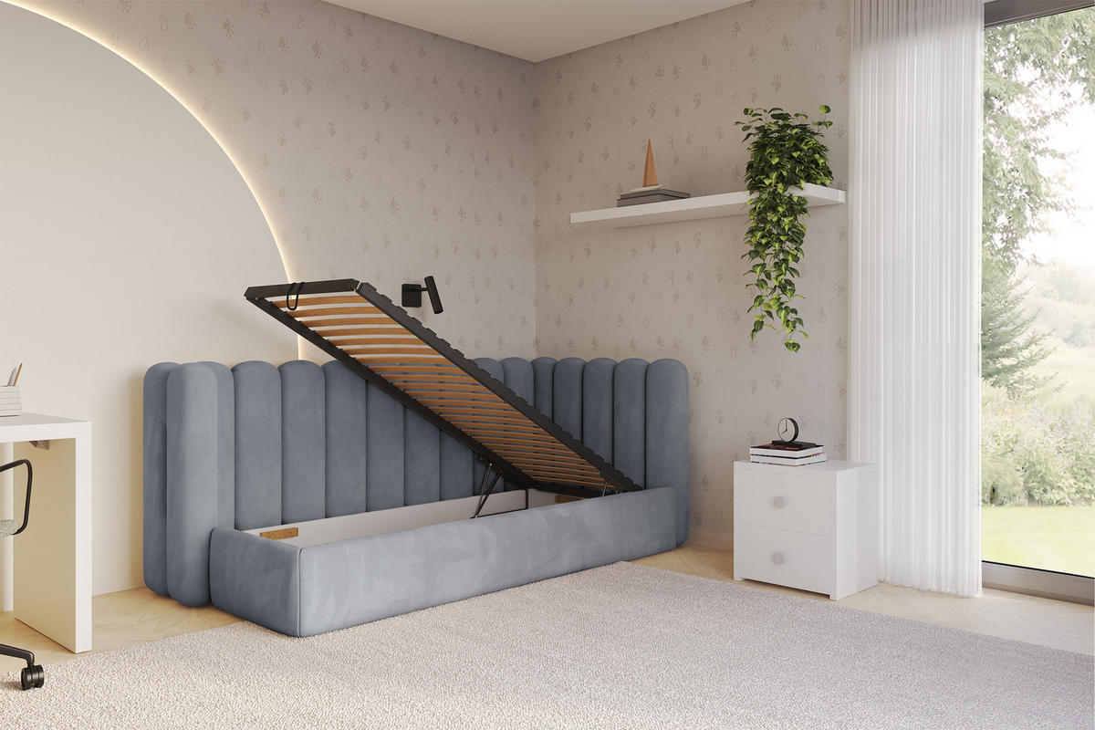 EINZELLBETT Jugendbett mit Bettkasten und Matratze H3/H4, Links - HUGY 100x200 Grau - Grau, Holzwerkstoff/Textil (100/200cm) - ALTDECOR