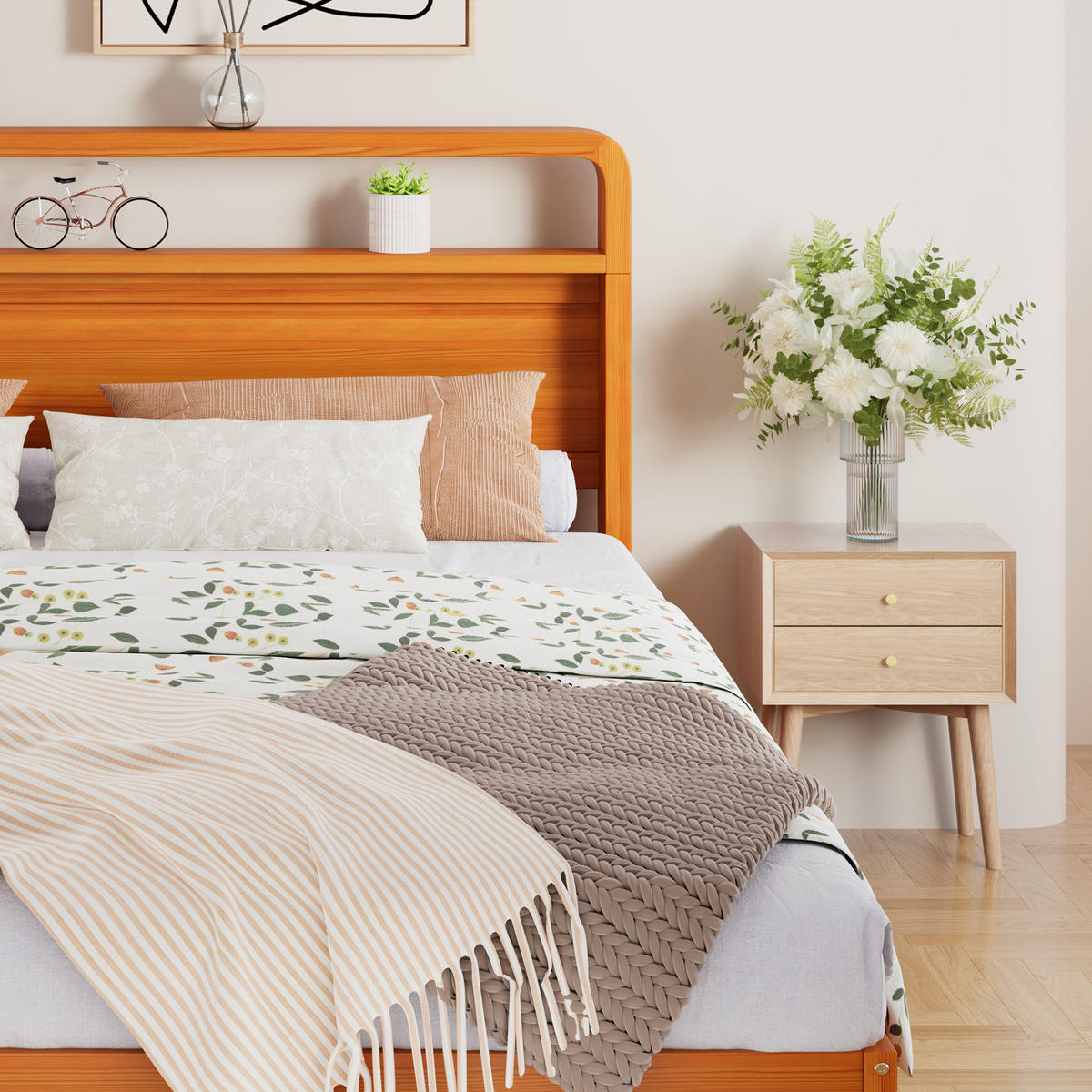 BETT 140/200 cm in Natur mit Ausziehbett, Gästebett und abgerundetem Kopfteil aus Holz - Naturfarben, Holzwerkstoff (140/200cm) - STILVORA