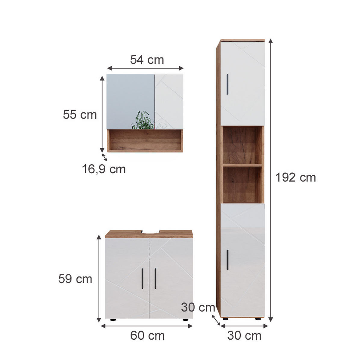 BADMÖBEL-SET Irma Weiß Hochglanz/Goldkraft Eiche 3 Teile mit Hochschrank - Weiß Hochglanz/Eiche Wotan, Holzwerkstoff (80/58.6/41cm) - Vicco
