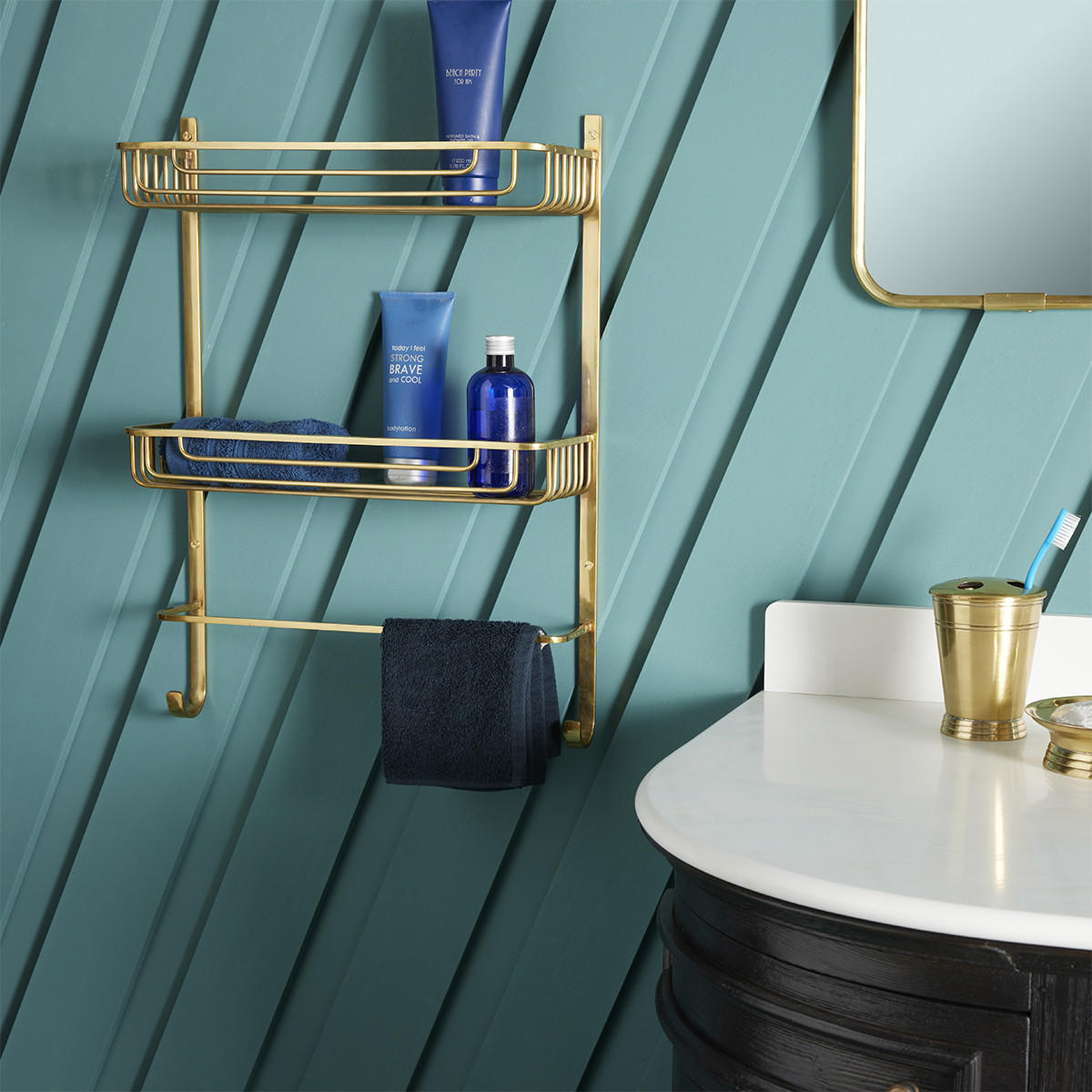 WANDREGAL 2 Ebenen mit Handtuchhalter aus Goldmessing - L42 x H56cm - Goldfarben, Metall (14/56/42cm) - Signature