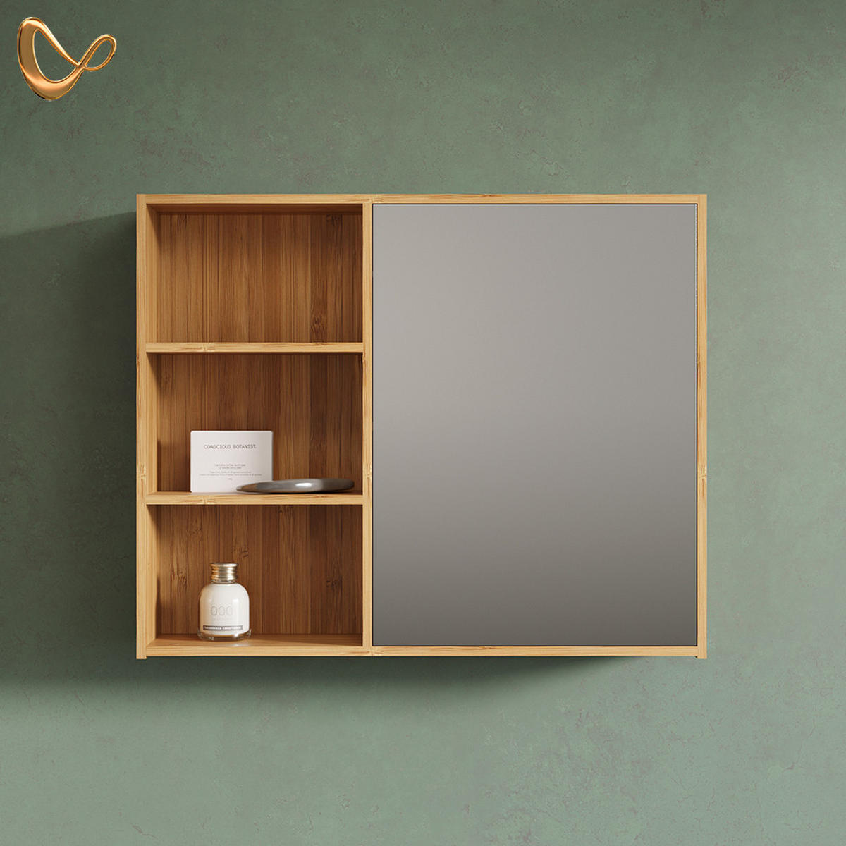 KOPALNIŠKA OMARICA Z OGLEDALOM Olona, Bambus, 74 x 60 cm s 3 odprtimi predali - naravne barve, leseni material (74/60/20cm) - Livinity®