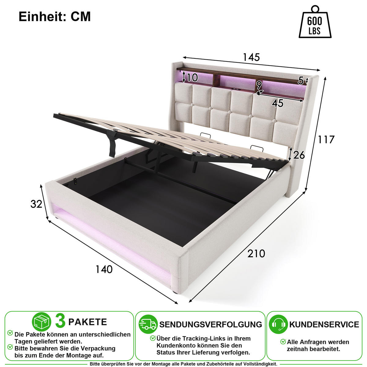 POLSTERBETT 140/200 cm in Hellbeige Leinen mit Bettkasten, LED, USB und Matratze - Beige, Holzwerkstoff/Textil (140/200cm) - CHICFURN