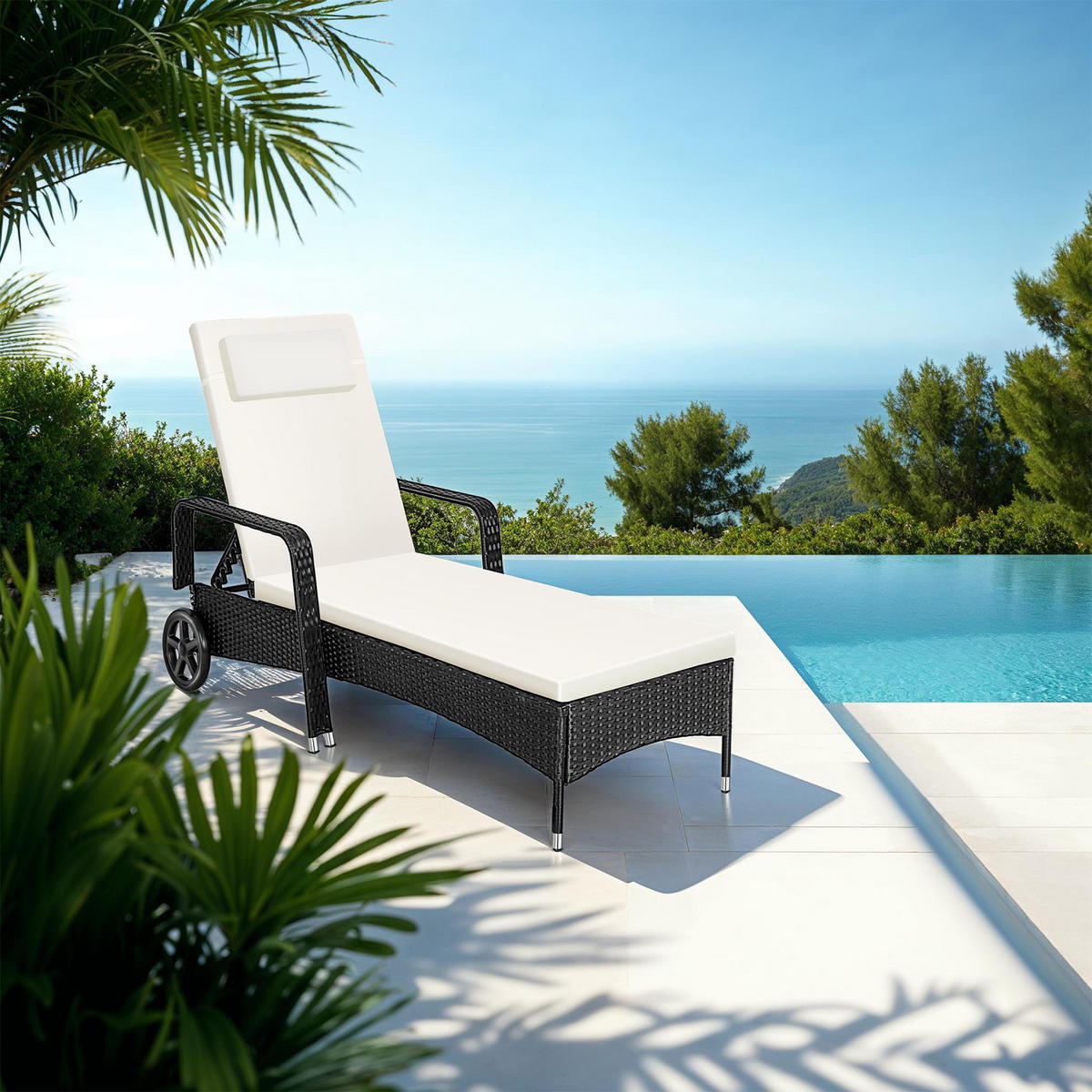 RATTAN-SONNENLIEGE ,200 x 70 x 33 cm,schwarz/beige - Beige/Schwarz, Kunststoff (70/33/200cm) - tectake