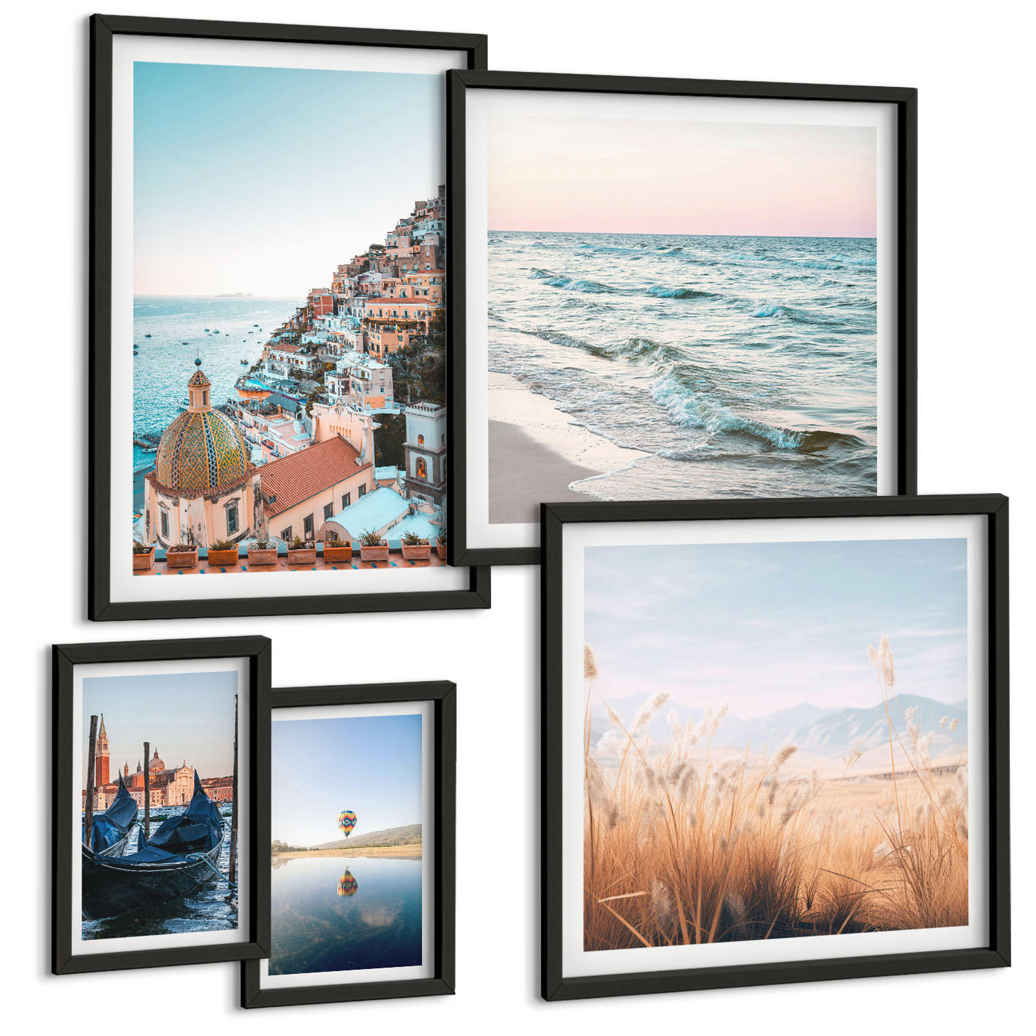 BILDER SET 5er Set - 50x50 cm & 20x30 cm & 40x60 cm Schwarzer Rahmen - Vögel im Flug, Himmel, Mond - Schwarz, Kunststoff (40/60cm) - TULUP