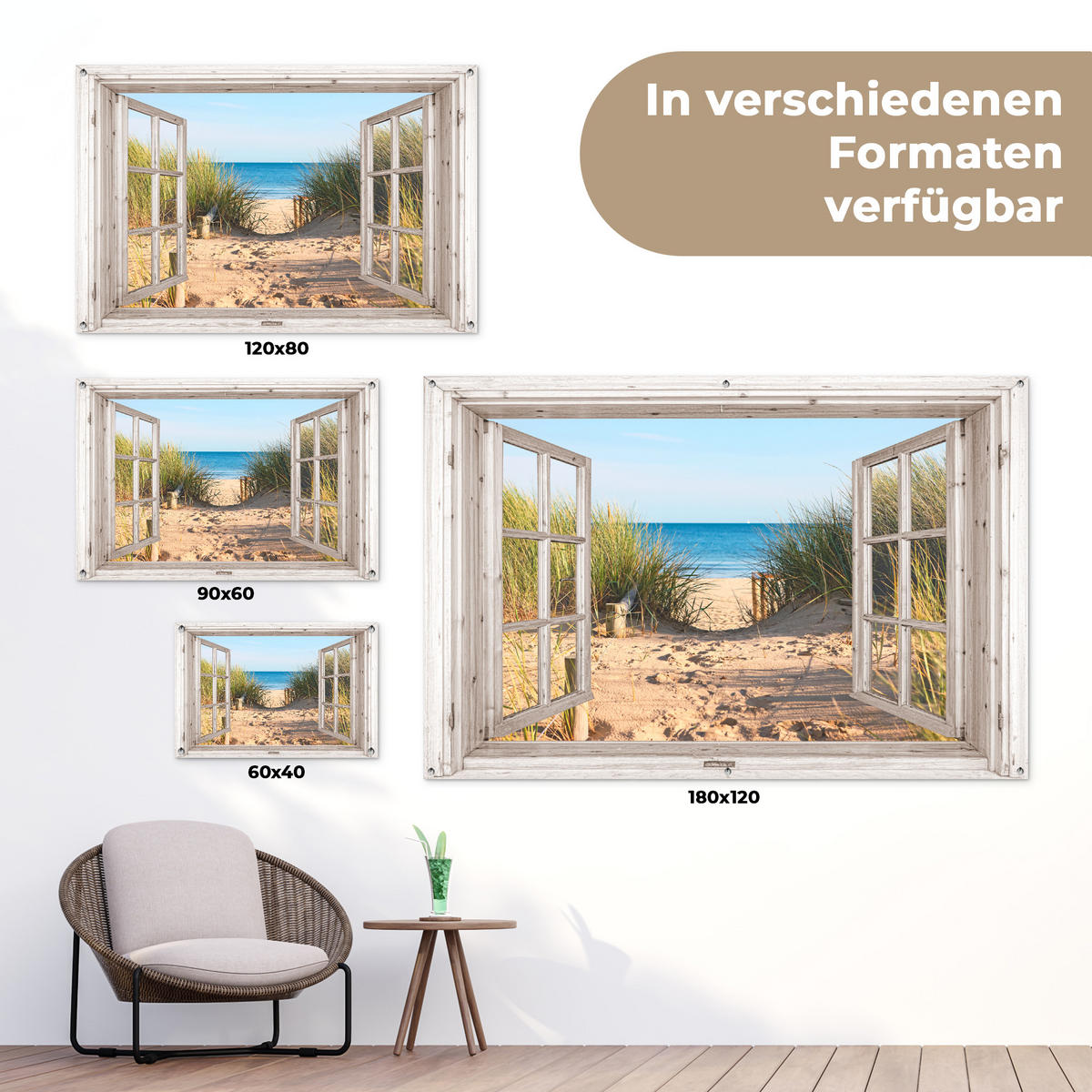 ZAHRADNÍ PLAKÁT Průhled - Pláž - Moře - Duny - Písek - Voda - Vysoká tráva 90x60 cm - písková barva, plast (90/60/0.2cm) - OnlyWow